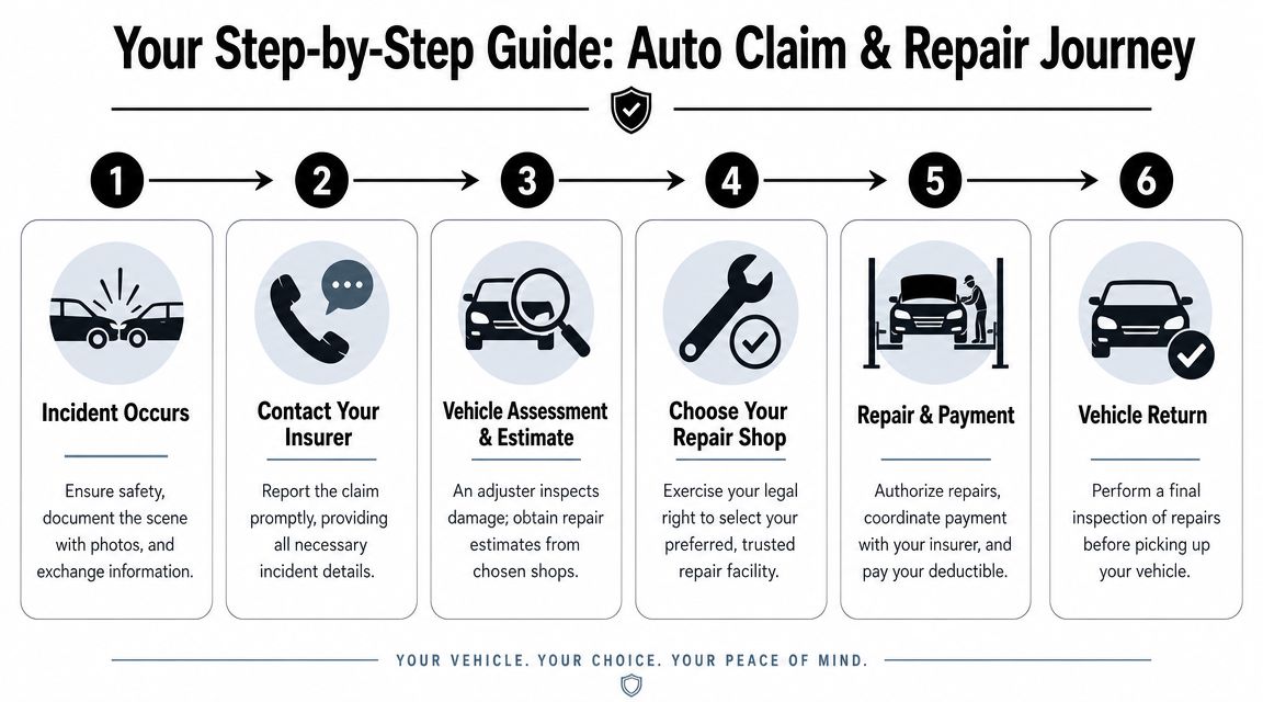 A six-step infographic guide explaining the process of an auto insurance claim and car repair journey.
