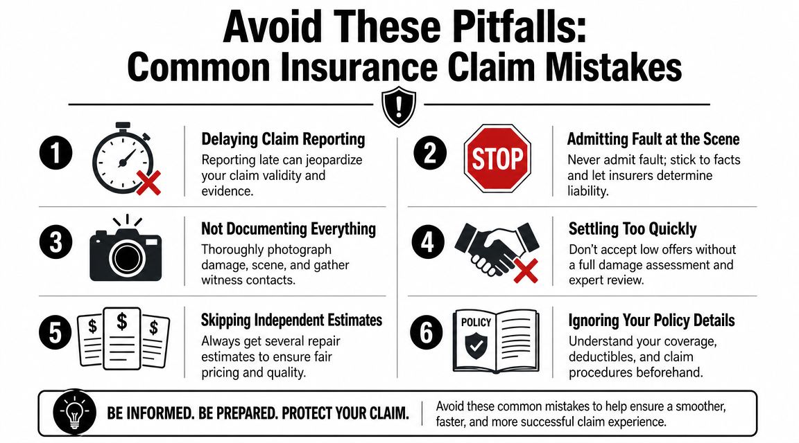 An infographic listing six common insurance claim mistakes to avoid, including advice on reporting and documentation.