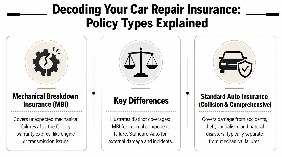 An infographic titled Decoding Your Car Repair Insurance explaining Mechanical Breakdown Insurance versus Standard Auto Insurance.