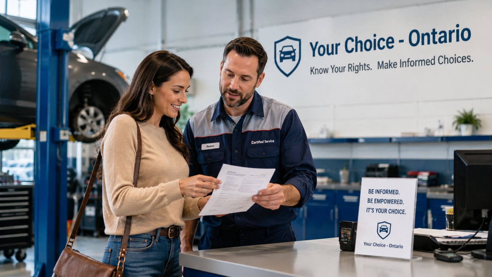 A service technician explains car repair documents to a smiling female customer at an auto repair shop.