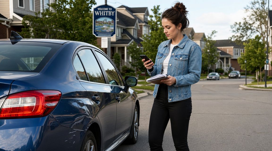 Collision Center Whitby: Your 2026 Repair Guide 1 A woman checking her smartphone next to her blue car in a residential neighborhood in Whitby.