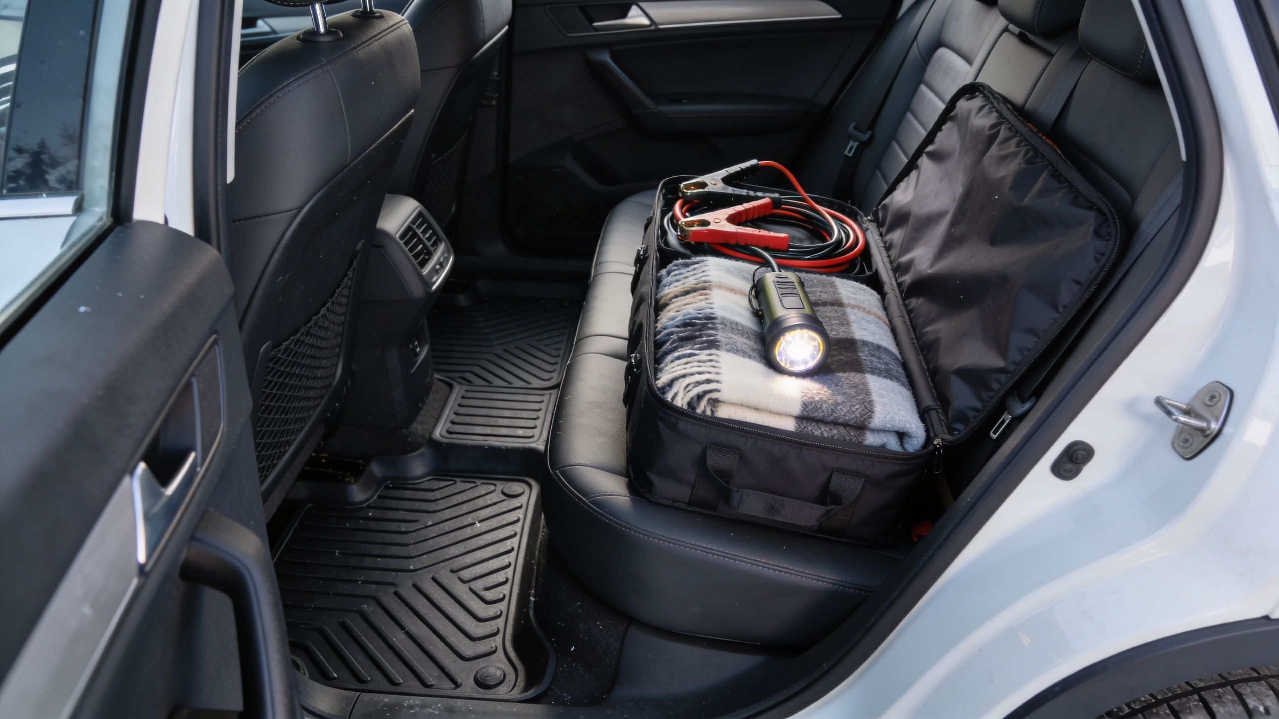A black cargo bag containing a plaid blanket, jumper cables, and an LED flashlight on a car seat.