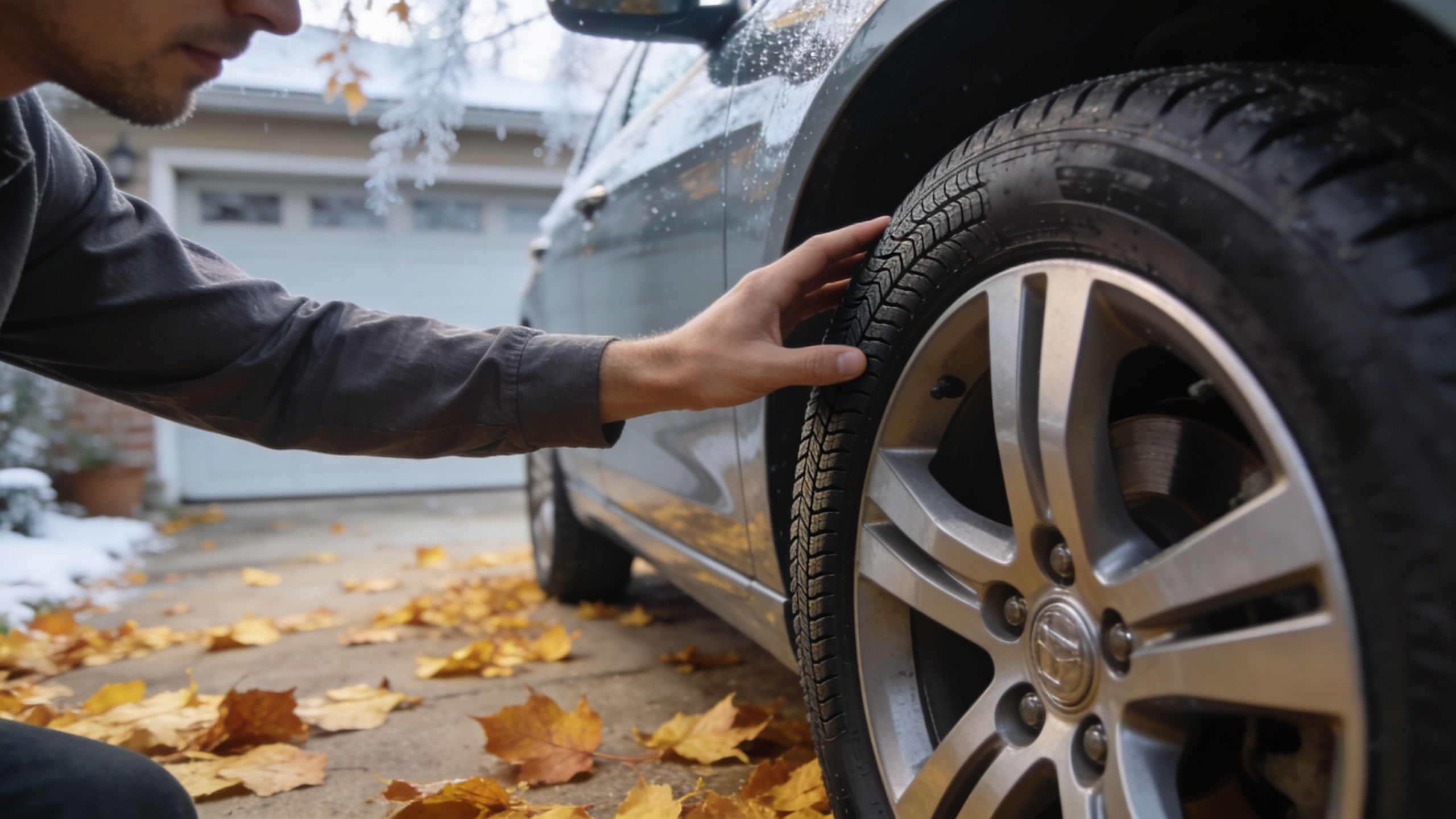 A person checking the tread depth on a car tire while preparing the vehicle for winter conditions.