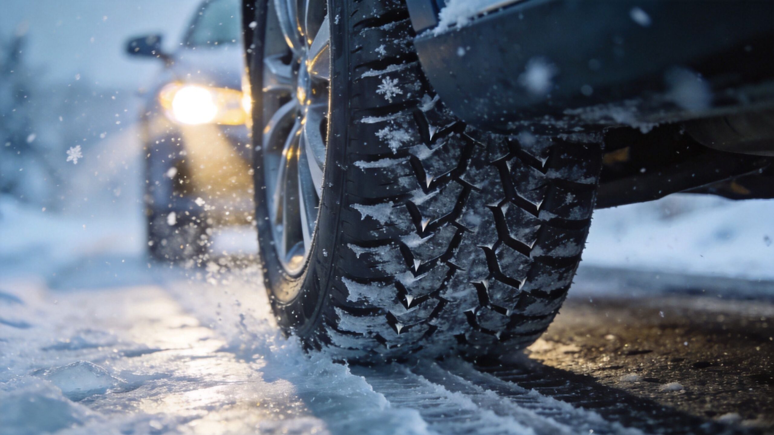 A close-up view of a car tire with winter tread driving on a snow-covered, icy road.