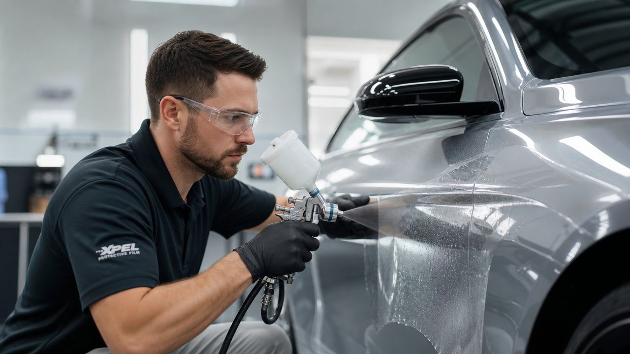 Paint Protection Film Spray: The Truth for Car Owners 3 A technician wearing safety glasses and black gloves sprays protective liquid on a car's paint protection film.