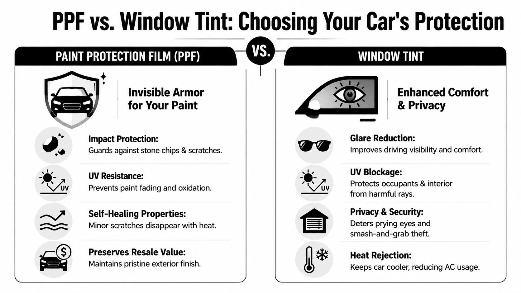 A comparison infographic between Paint Protection Film and Window Tint detailing their specific benefits and features.