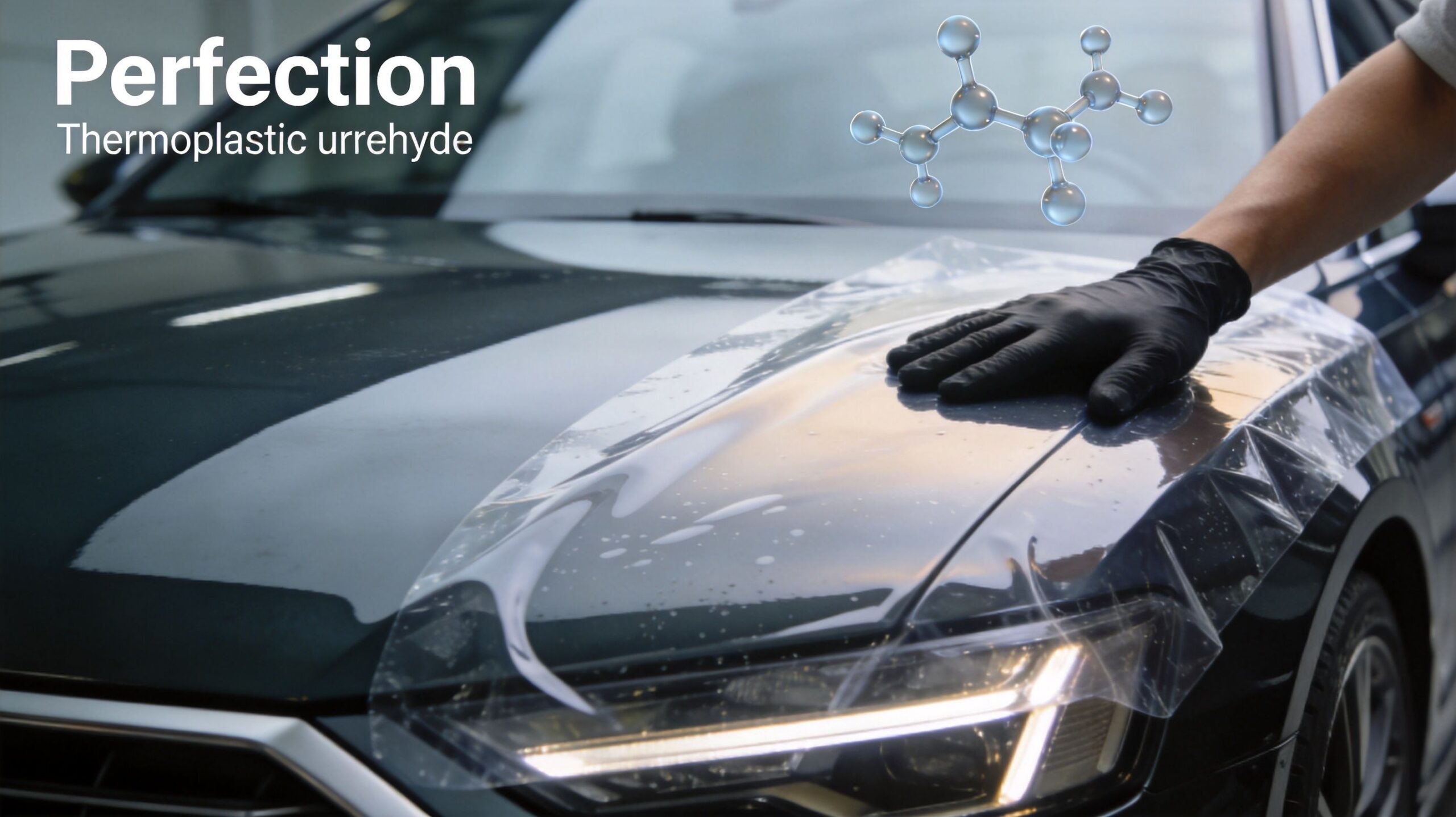 A professional technician installing high-quality paint protection film on a dark car hood in a workshop.