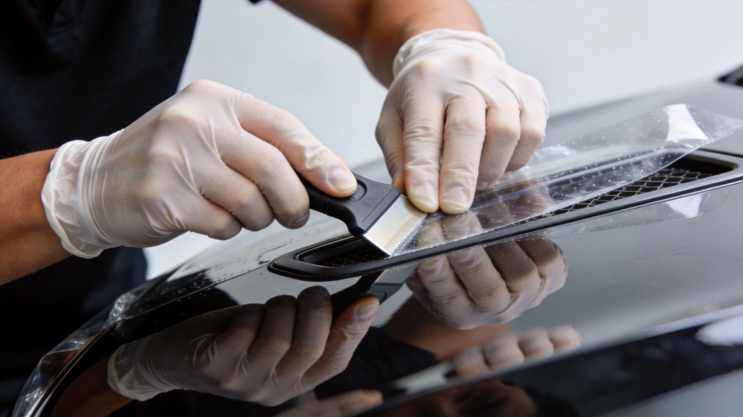 A professional technician wearing gloves applies a protective film to a black car hood.
