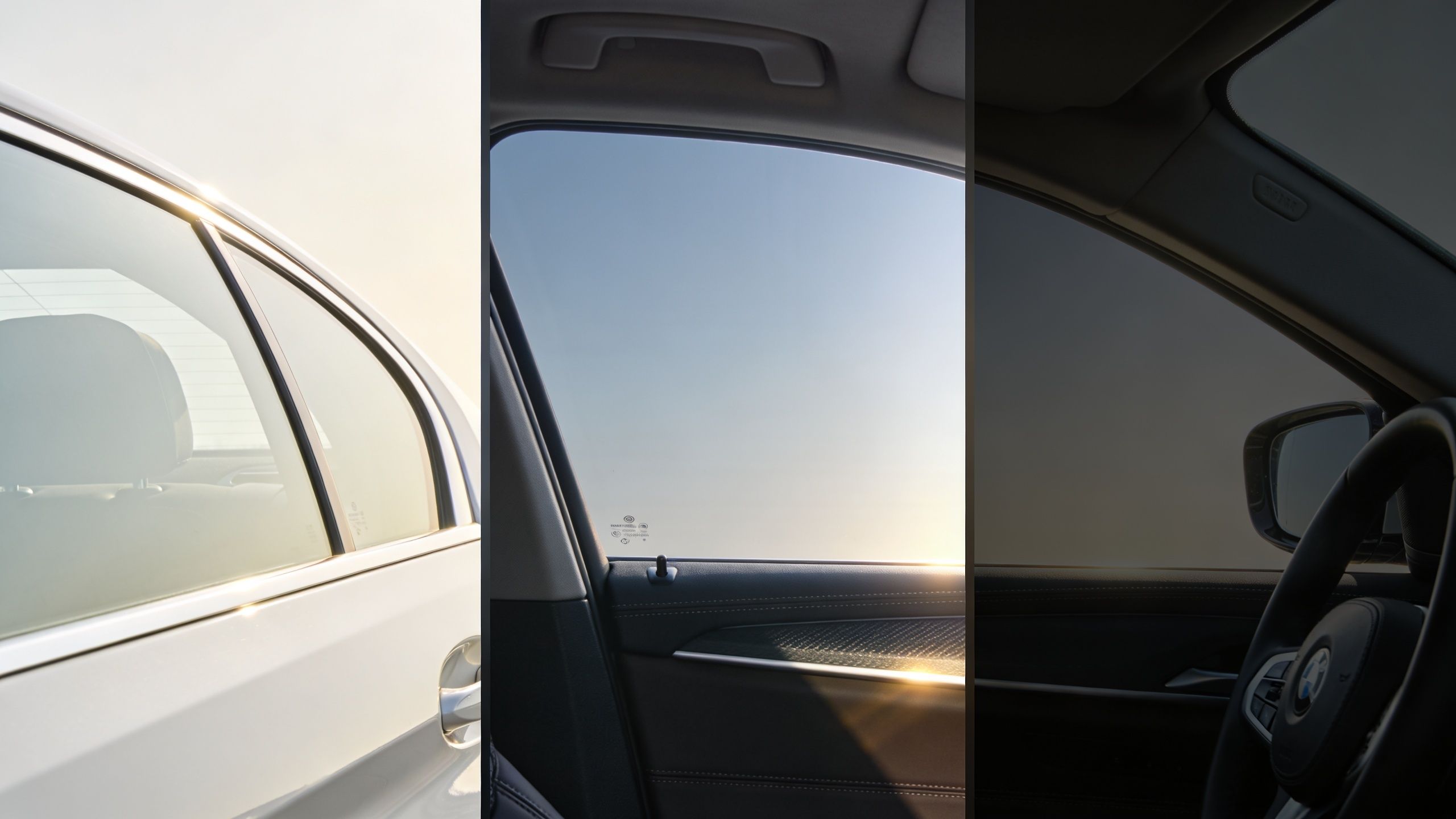 A split image showing clear car windows, a bright window view, and tinted car windows inside.