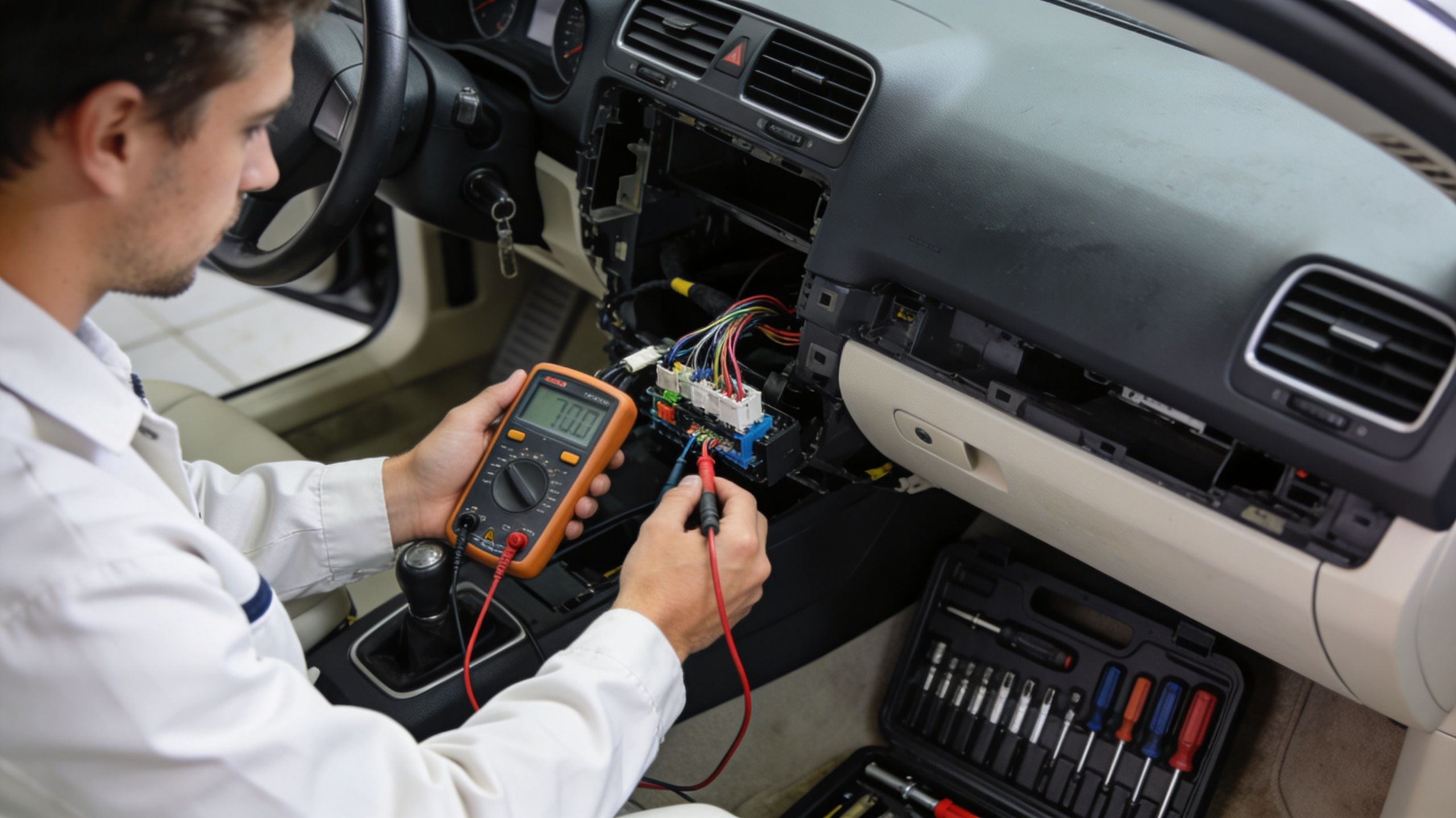 A professional mechanic checking the electrical wiring of a car dashboard using a digital multimeter device.