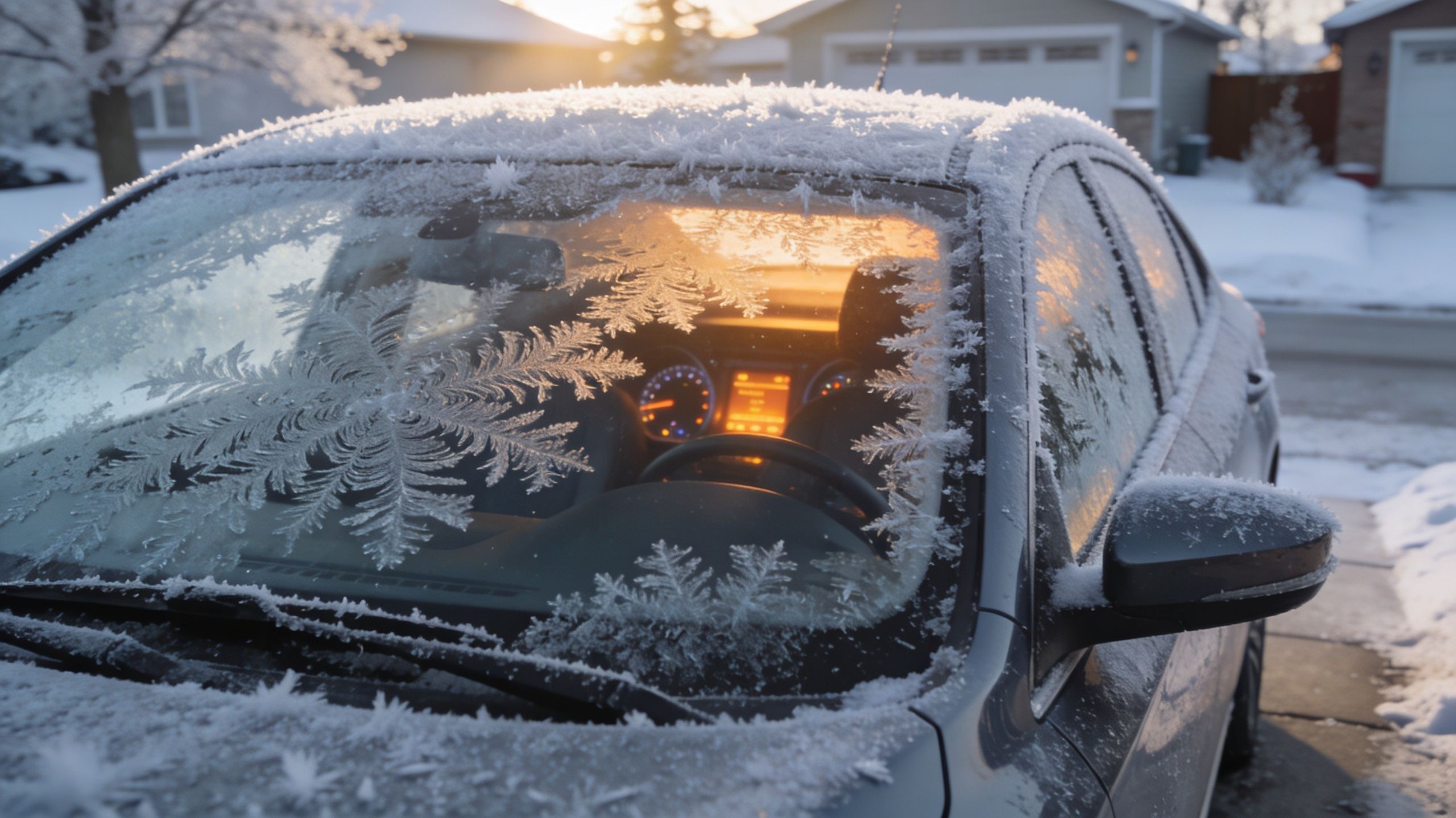 A frosty car windshield covered in intricate ice crystals during a cold winter sunrise in a neighborhood.
