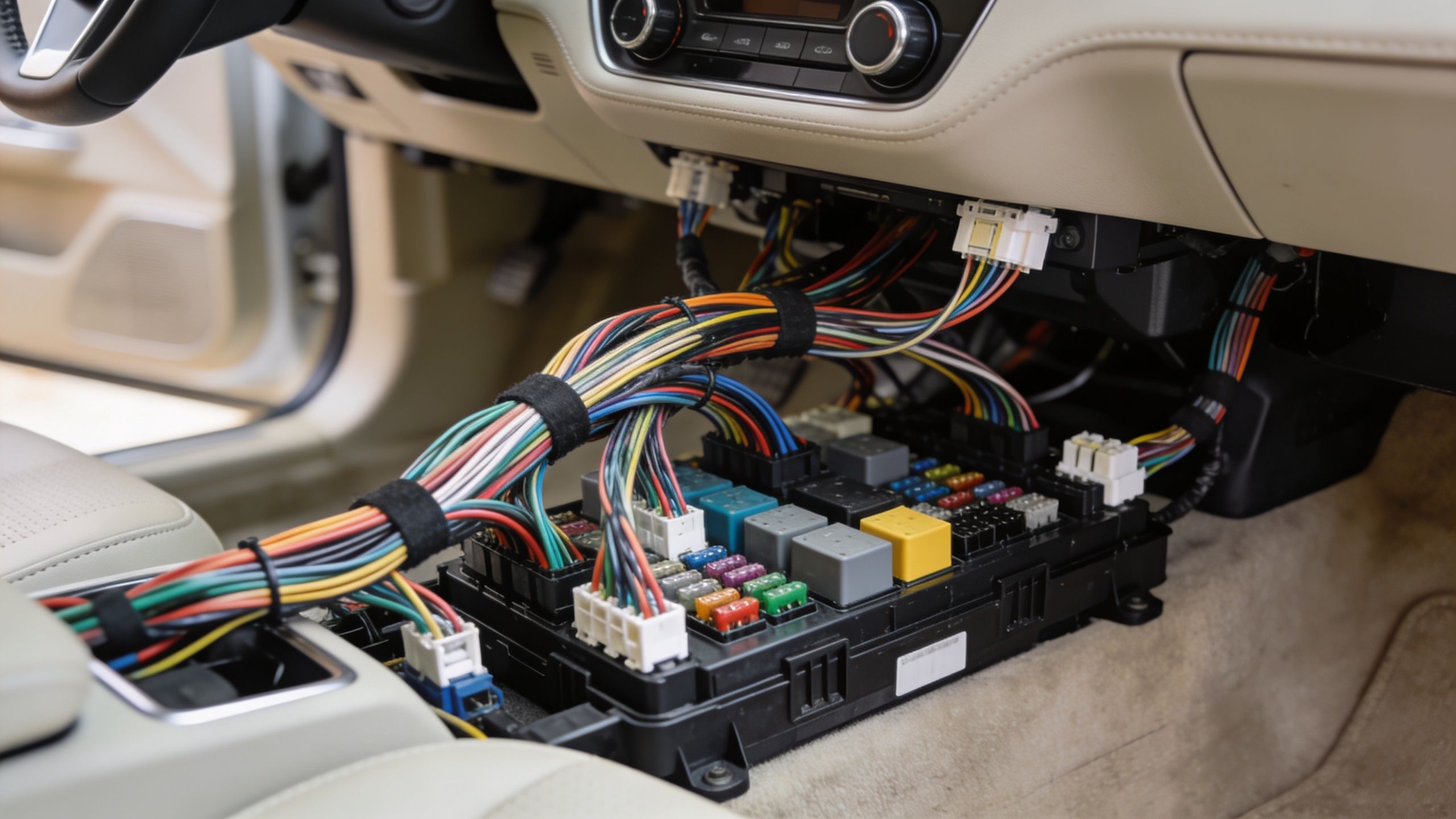 A close-up view of the interior car fuse box with complex wiring connected for electronic installation.