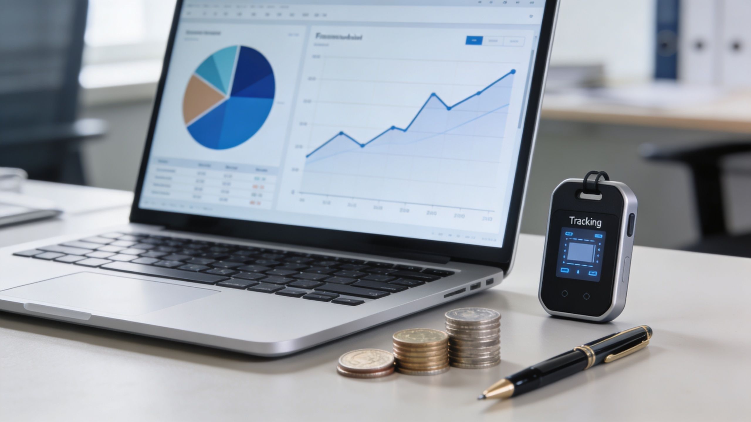 Maximize Savings: Your Tag Tracking Cost 2 A laptop displaying financial charts next to coins, a pen, and a digital tracking device on a desk.