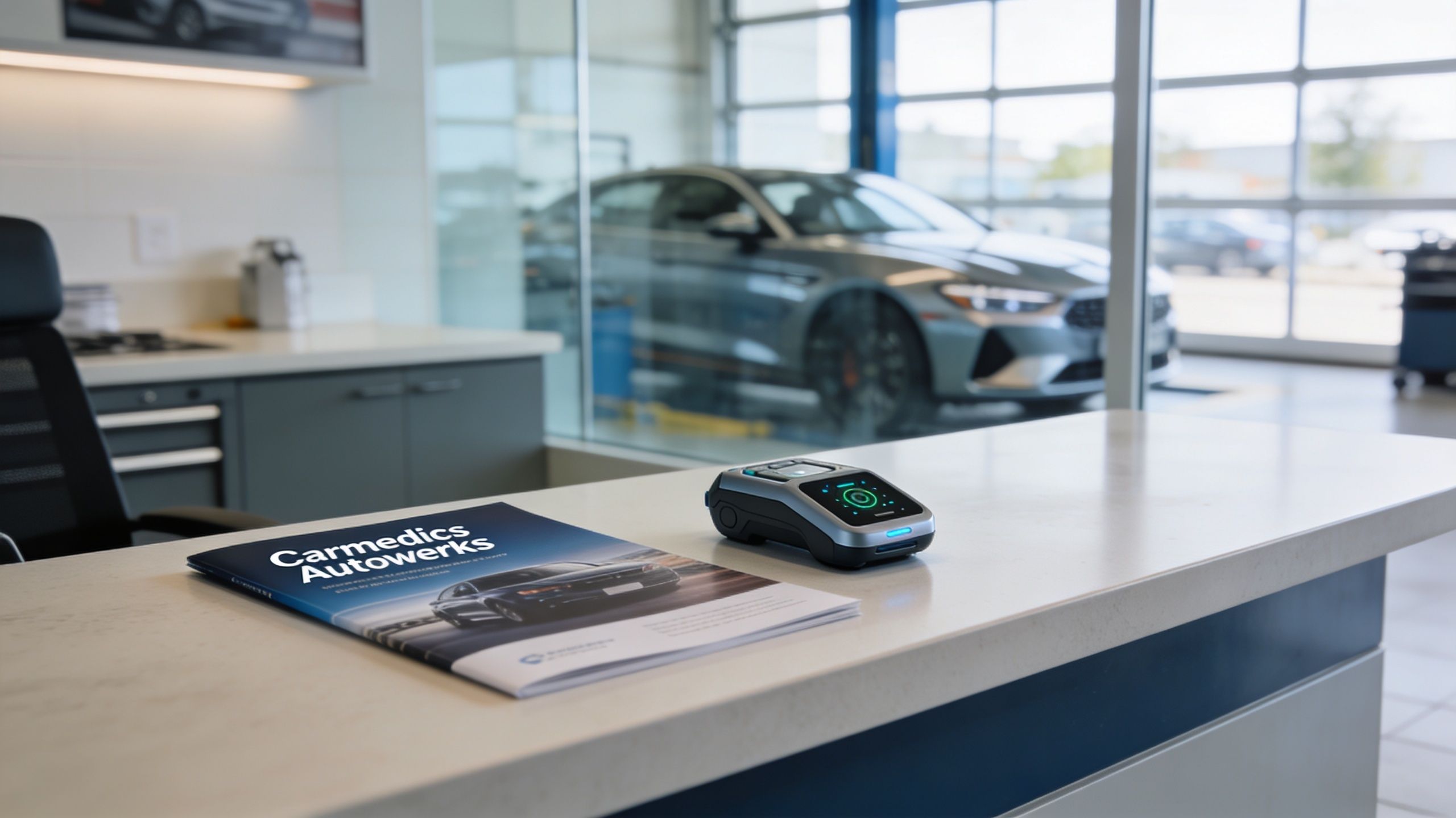 Maximize Savings: Your Tag Tracking Cost 4 A service desk in an auto repair shop featuring a printed brochure and a digital payment terminal.