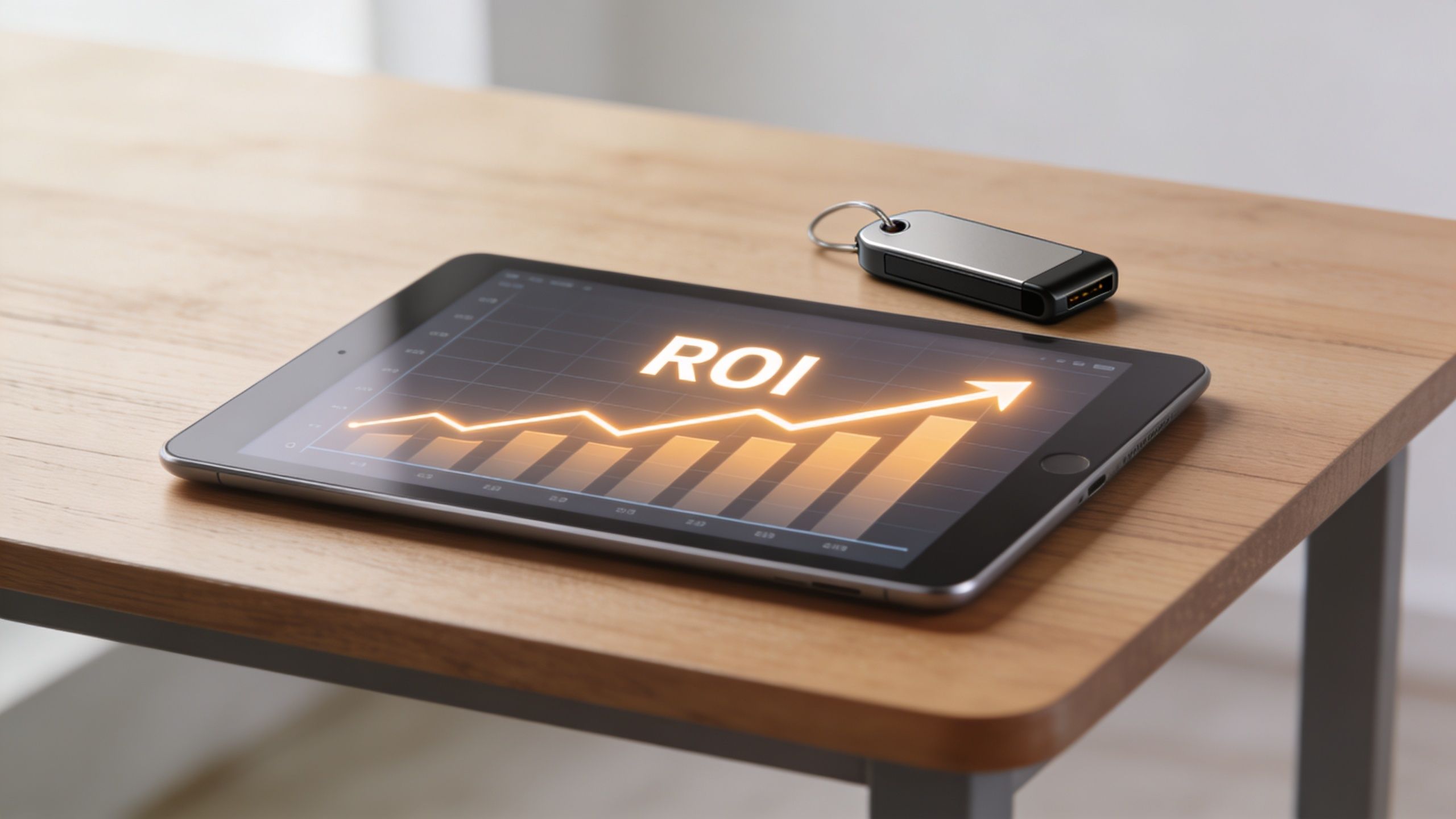 Maximize Savings: Your Tag Tracking Cost 3 A digital tablet showing an upward trending ROI chart resting on a wooden desk next to a USB drive.