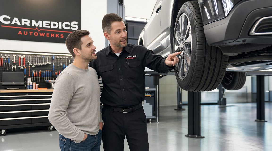 Expert Tire Repair Whitby Ontario | Carmedics 6 A professional mechanic explains car tire issues to a customer at a vehicle repair shop.