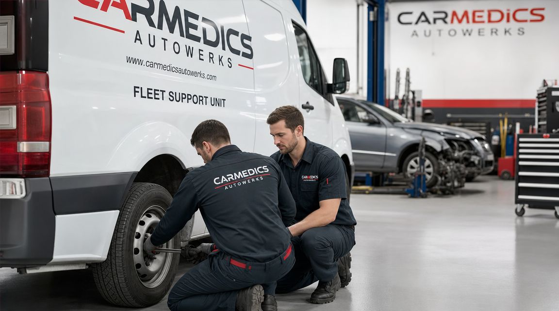 Expert Tire Repair Whitby Ontario | Carmedics 7 Two professional mechanics in branded uniforms performing tire service on a CarMedics Autowerks fleet van in a workshop.