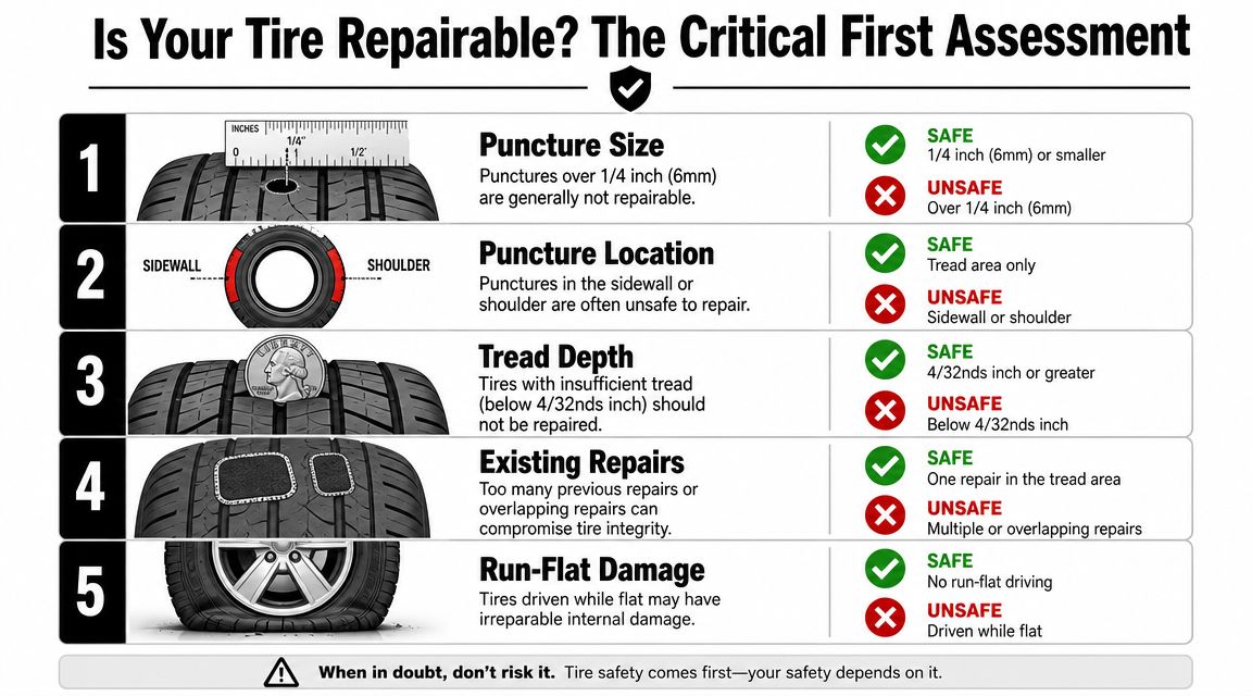 Expert Tire Repair Whitby Ontario | Carmedics 4 An infographic showing five critical assessment steps to determine if a vehicle tire is safe to repair.