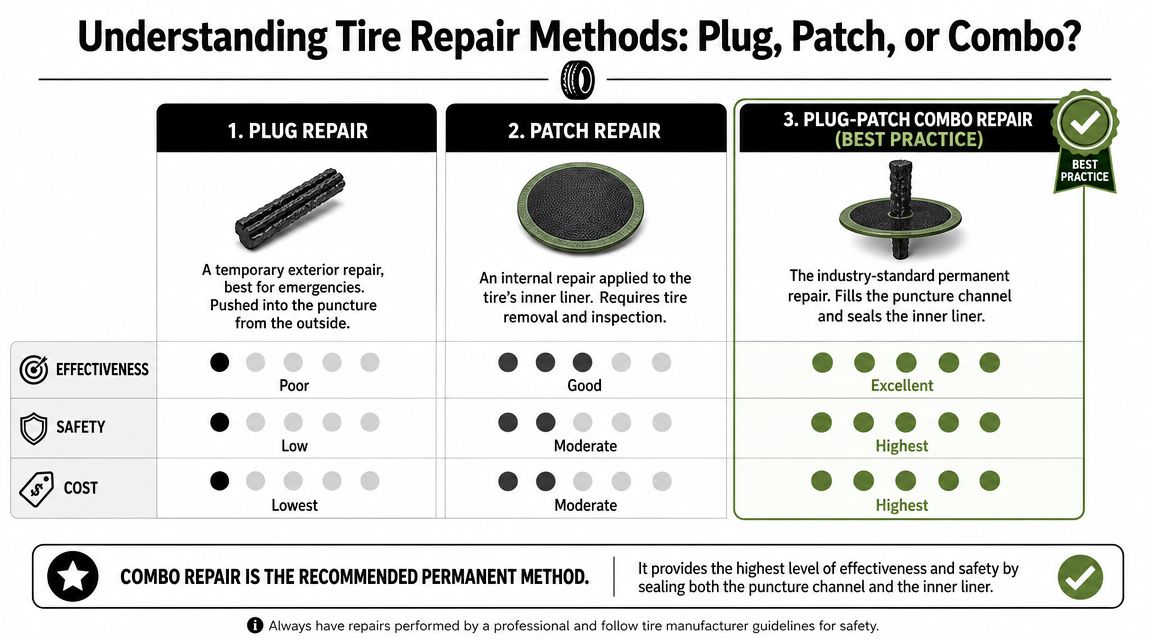 Expert Tire Repair Whitby Ontario | Carmedics 5 A comparison chart explaining the effectiveness, safety, and cost of plug, patch, and combo tire repair methods.