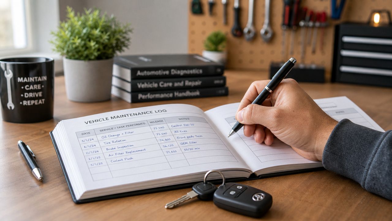 A person writing in a vehicle maintenance logbook on a wooden desk with car keys nearby.
