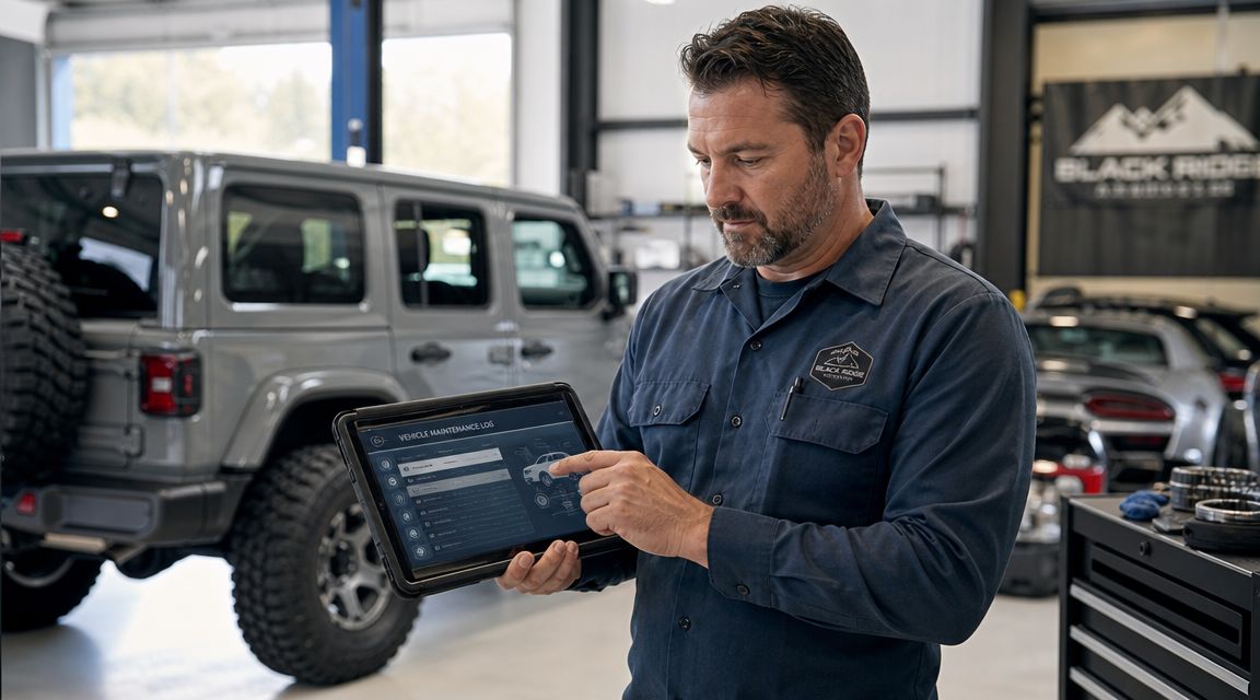 A professional mechanic in a garage reviewing a vehicle maintenance log on a tablet digital device.