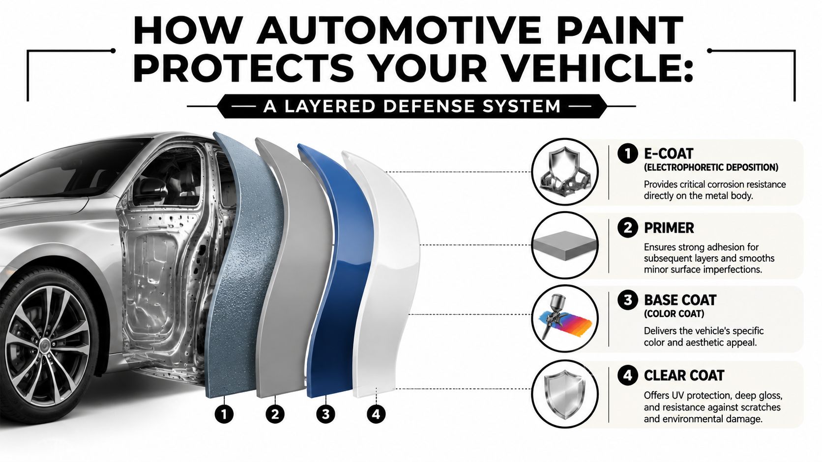 A diagram illustrating the four layered defense system of automotive paint applied to a car door panel.
