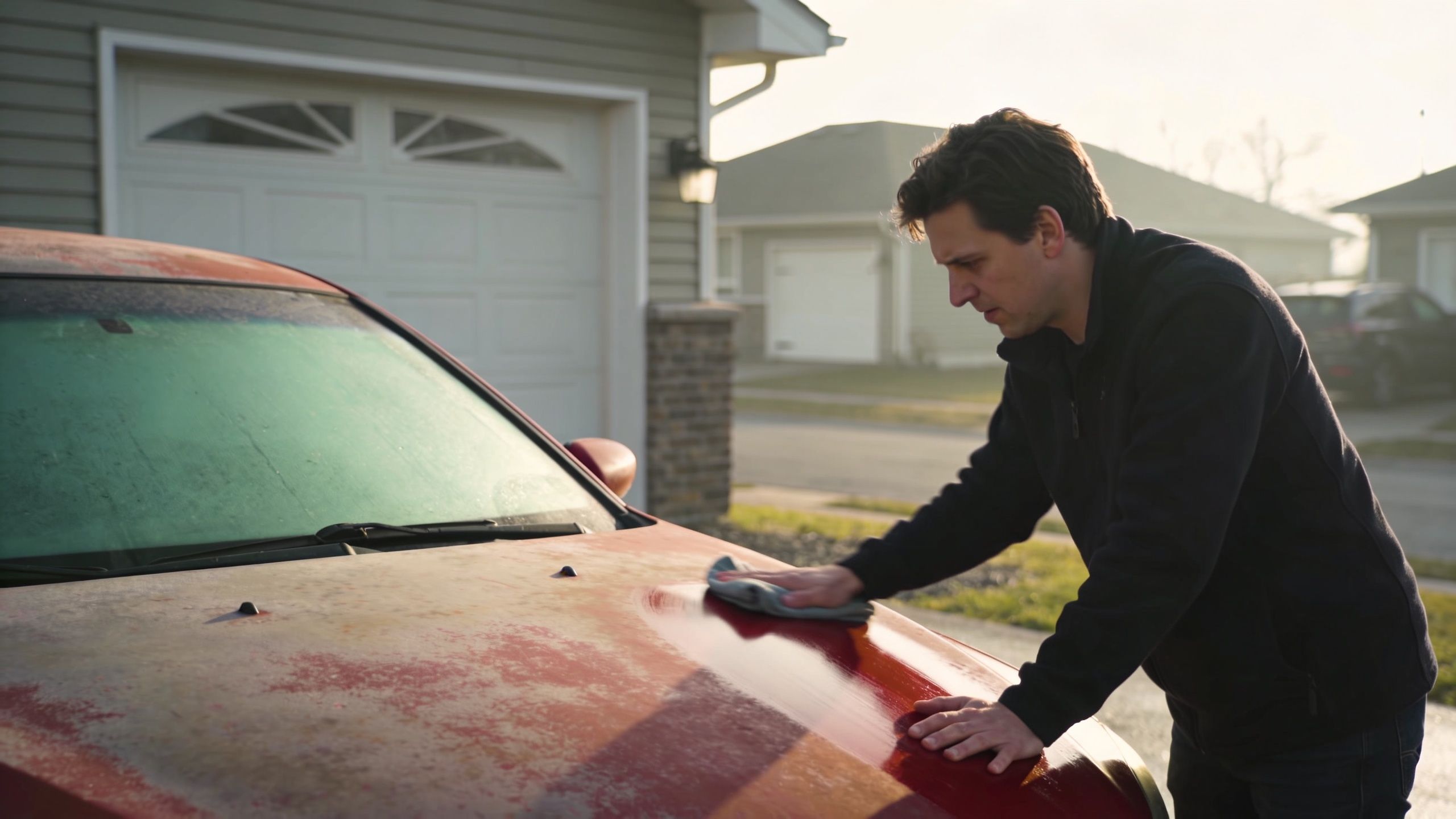 A man carefully cleaning and polishing the faded, sun-damaged paint on the hood of his red car.