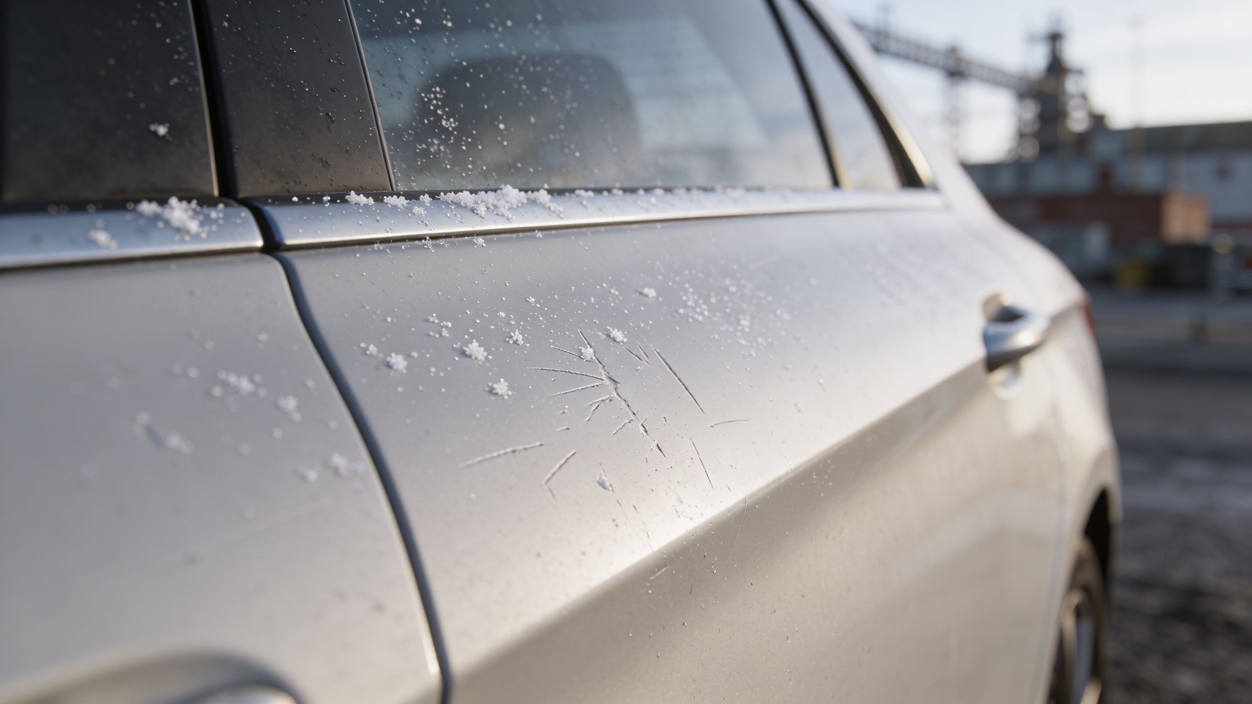 Close-up of scratches and snowflakes on the side panel of a silver car parked outdoors.