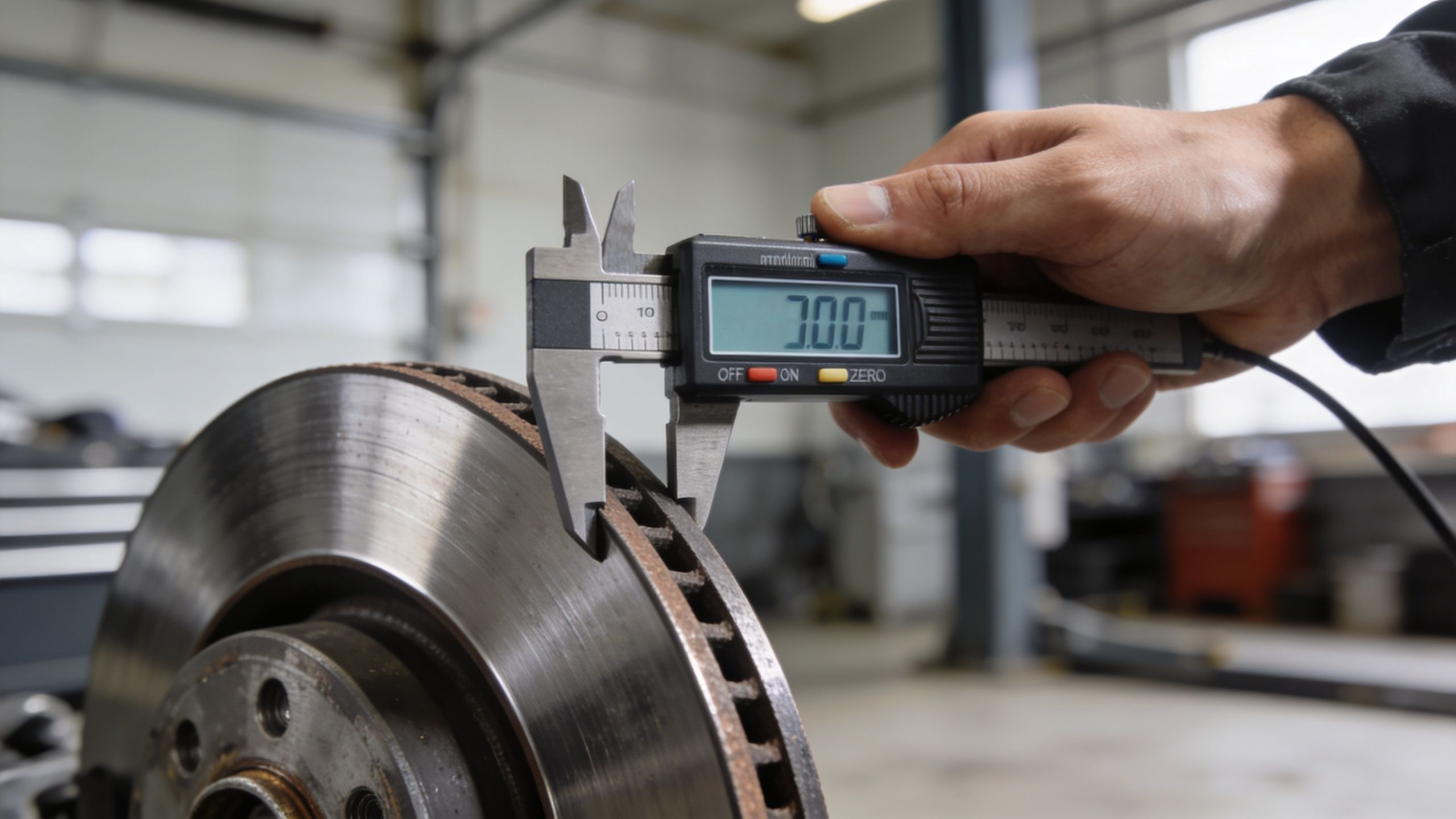 When to Replace Brake Rotors: A 2026 Guide for Drivers 2 A mechanic measuring the thickness of a car brake rotor using a digital caliper in a workshop.