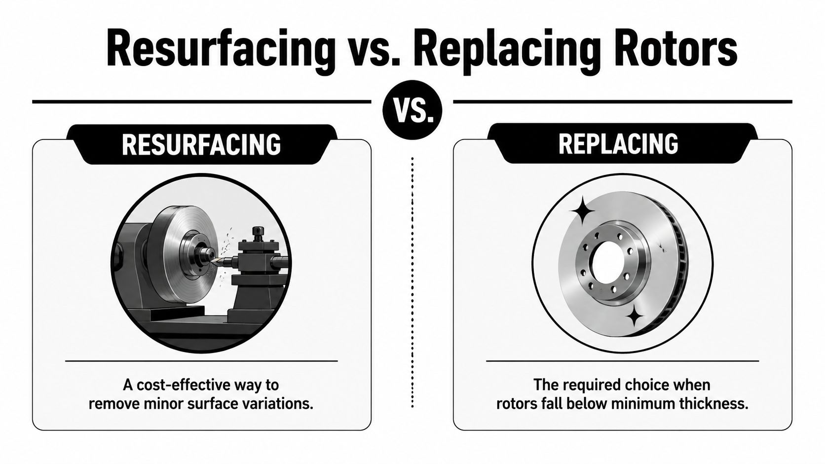 When to Replace Brake Rotors: A 2026 Guide for Drivers 3 An infographic comparing the processes of resurfacing versus replacing car brake rotors for maintenance.