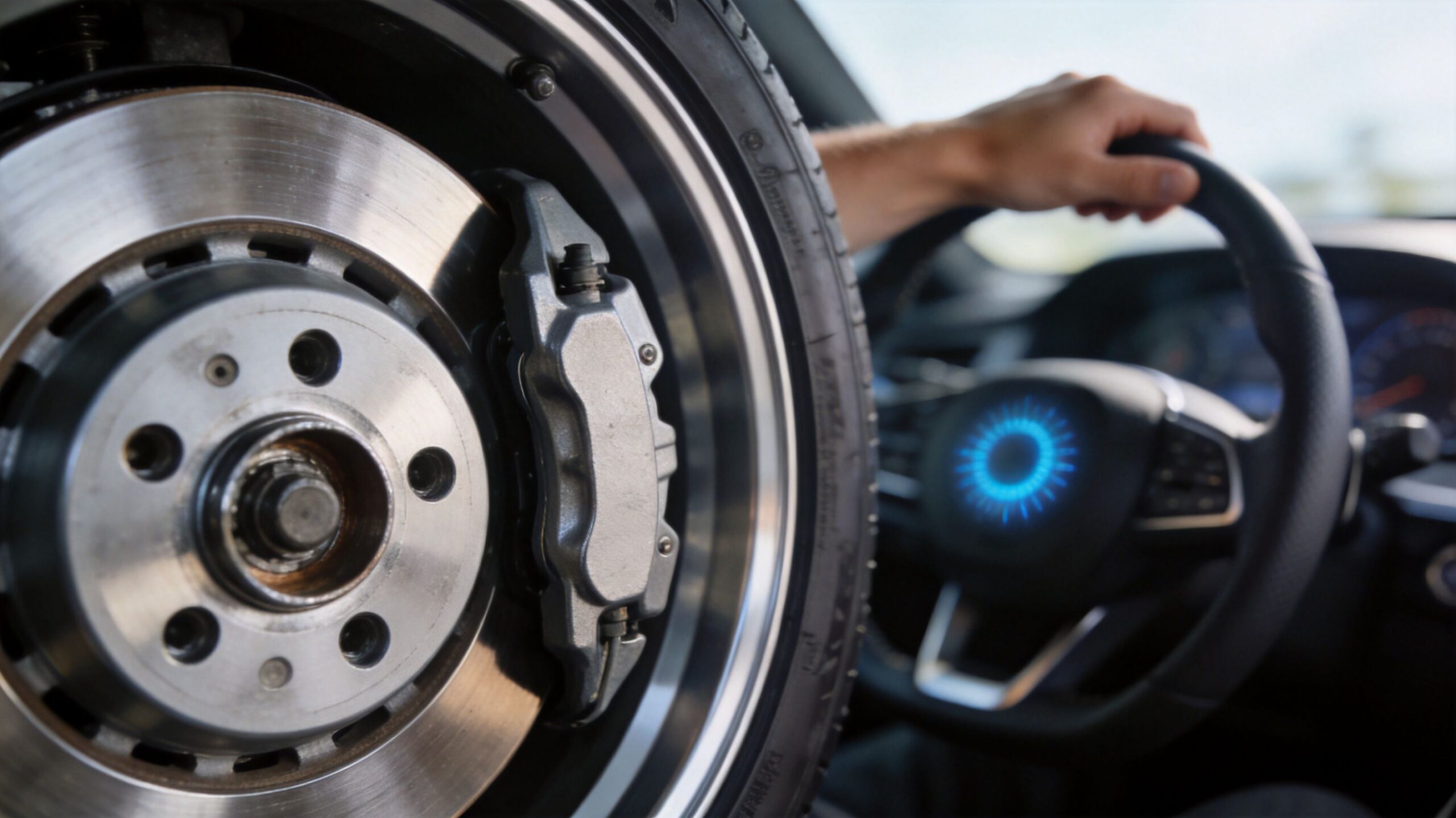 When to Replace Brake Rotors: A 2026 Guide for Drivers 1 Close-up view of a car brake rotor and caliper next to a driver holding the steering wheel.