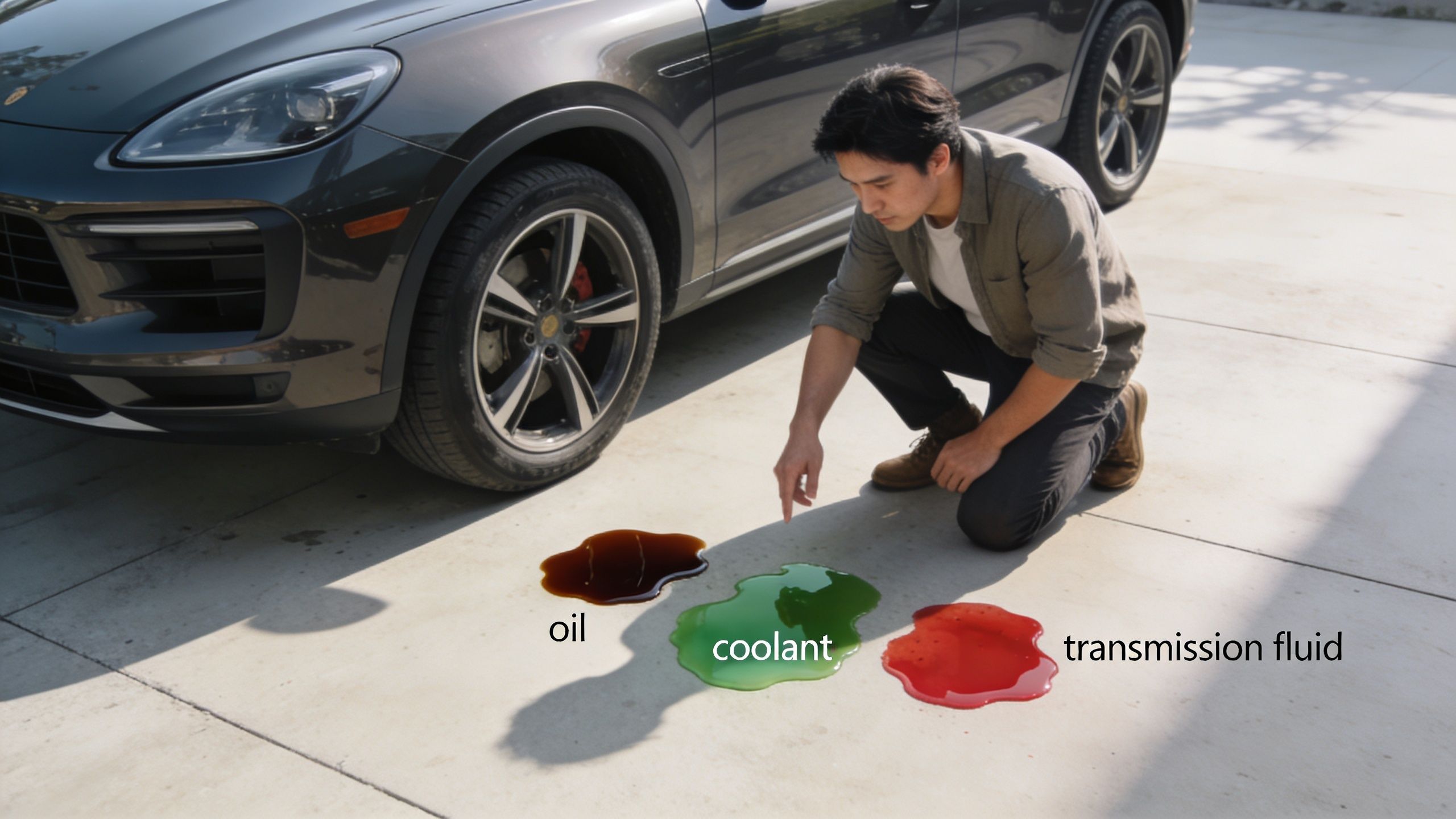 A man crouching on a driveway while inspecting three different colorful fluid puddles beneath his parked car.