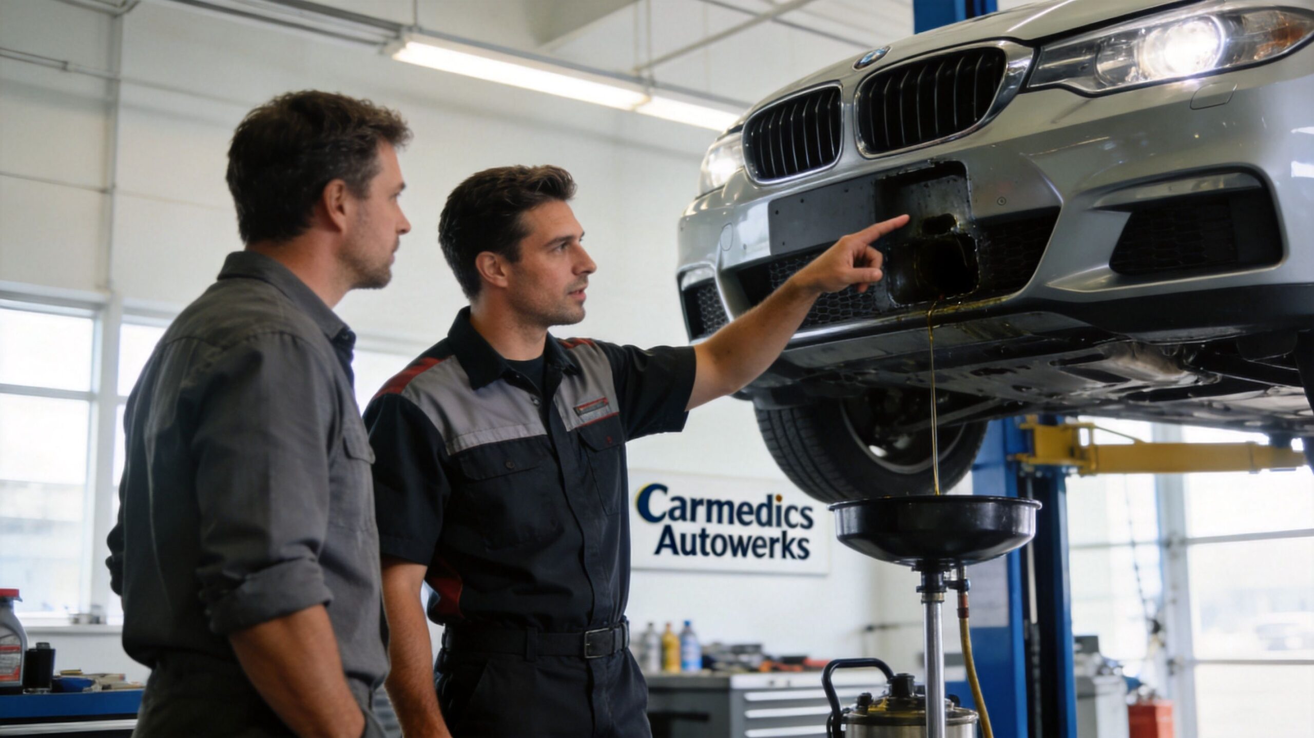 A professional mechanic explains an oil leak to a car owner at a repair shop.