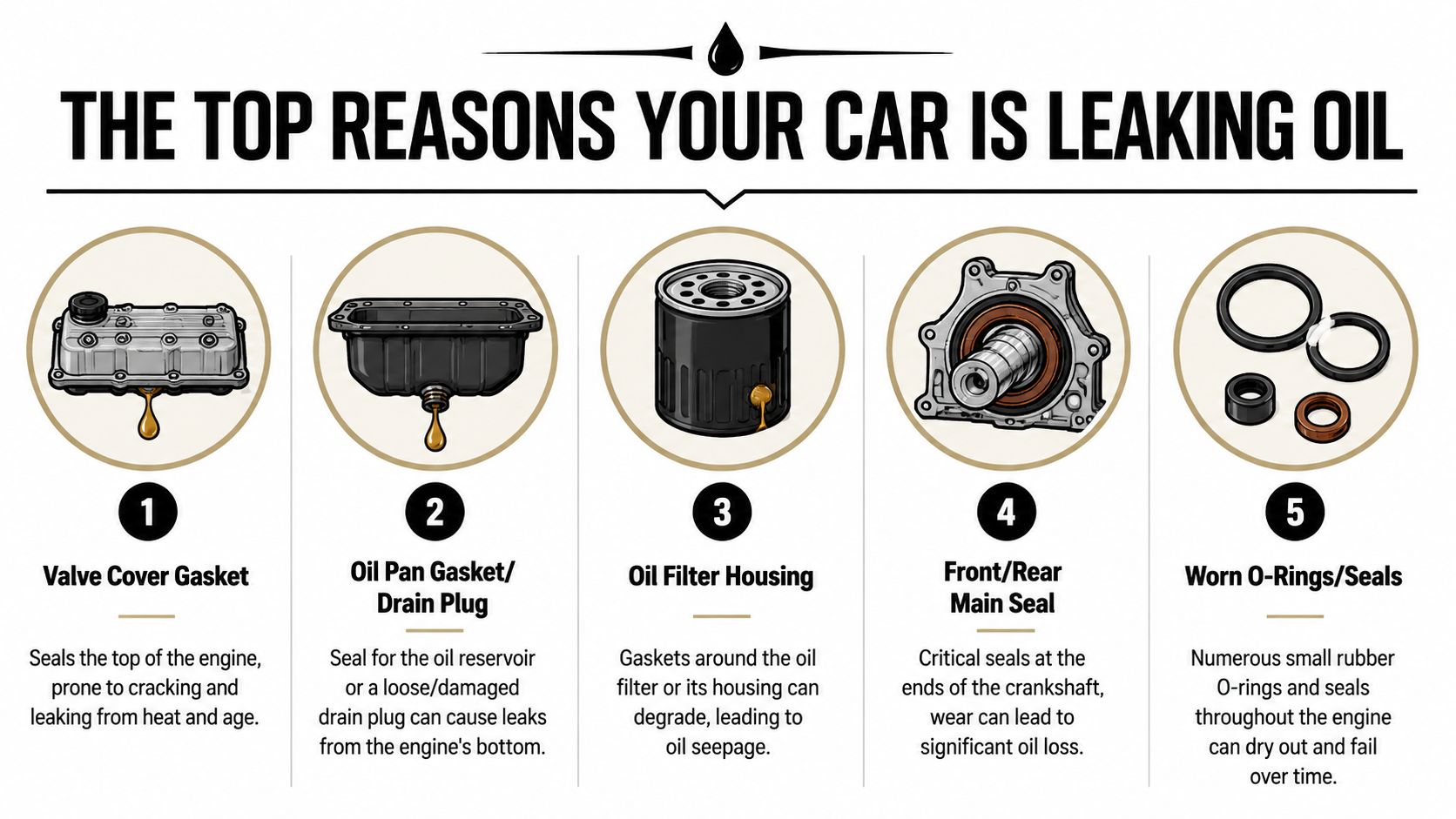 An infographic showing the five most common causes of oil leaks in an automotive engine.