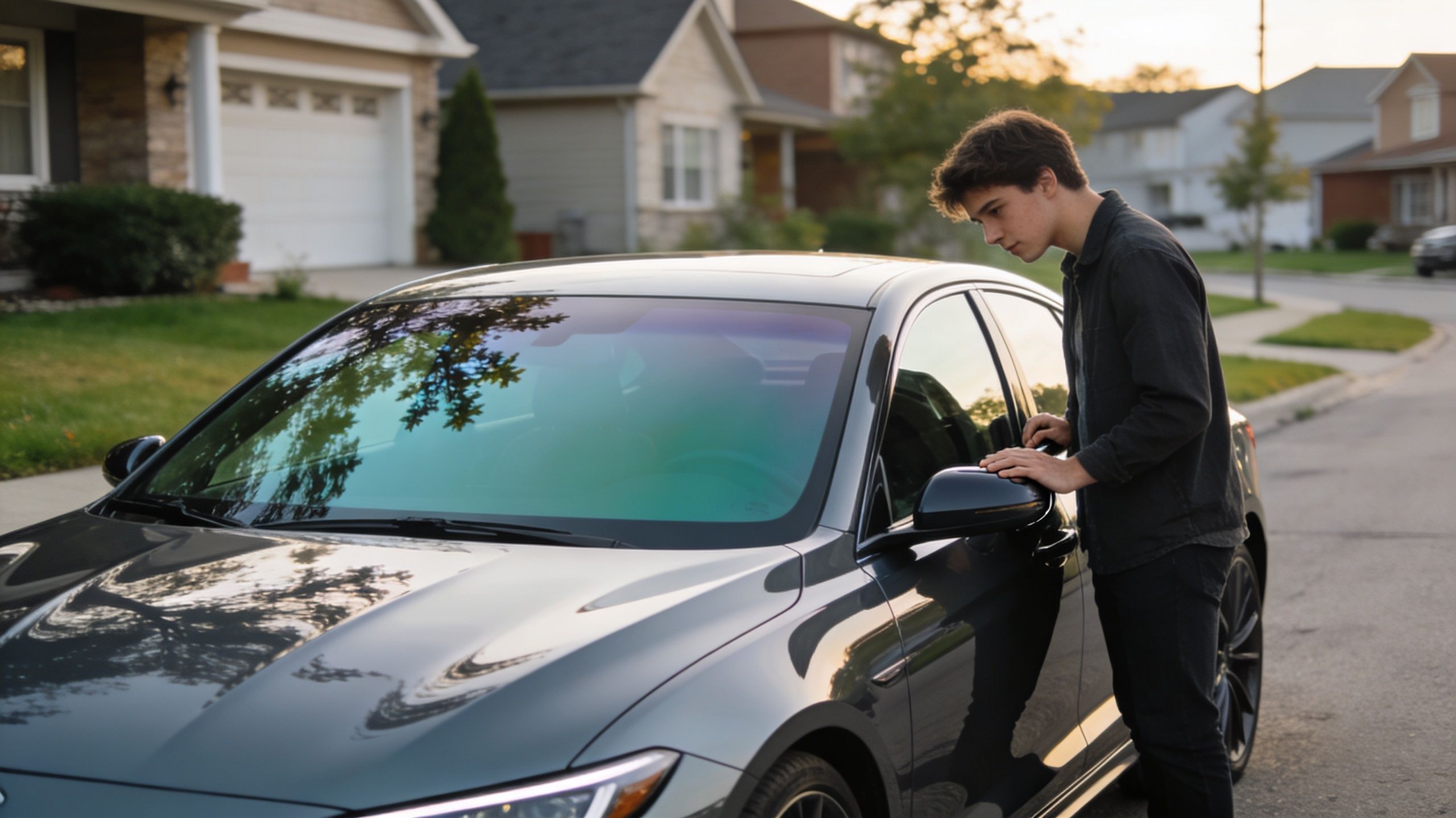 A young man looking at the front side window of a grey car parked on a suburban street.