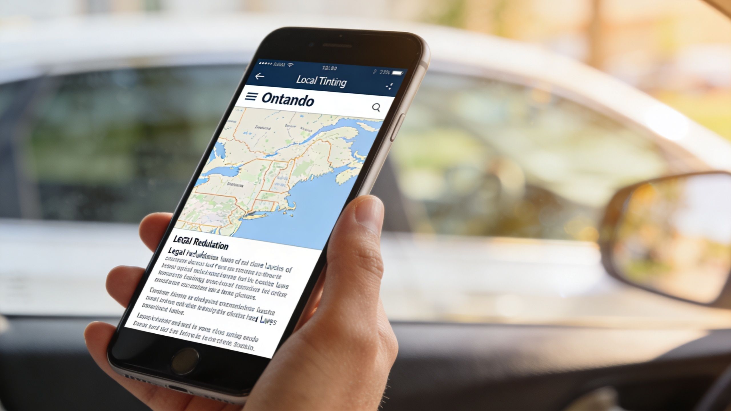 A hand holds a smartphone displaying a map and legal information about window tinting in Ontario.
