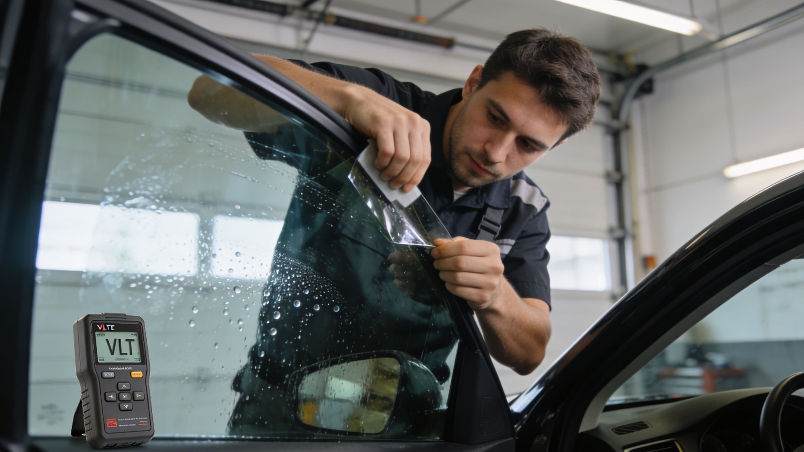 A professional technician applying a tint film to a car window in a service garage.