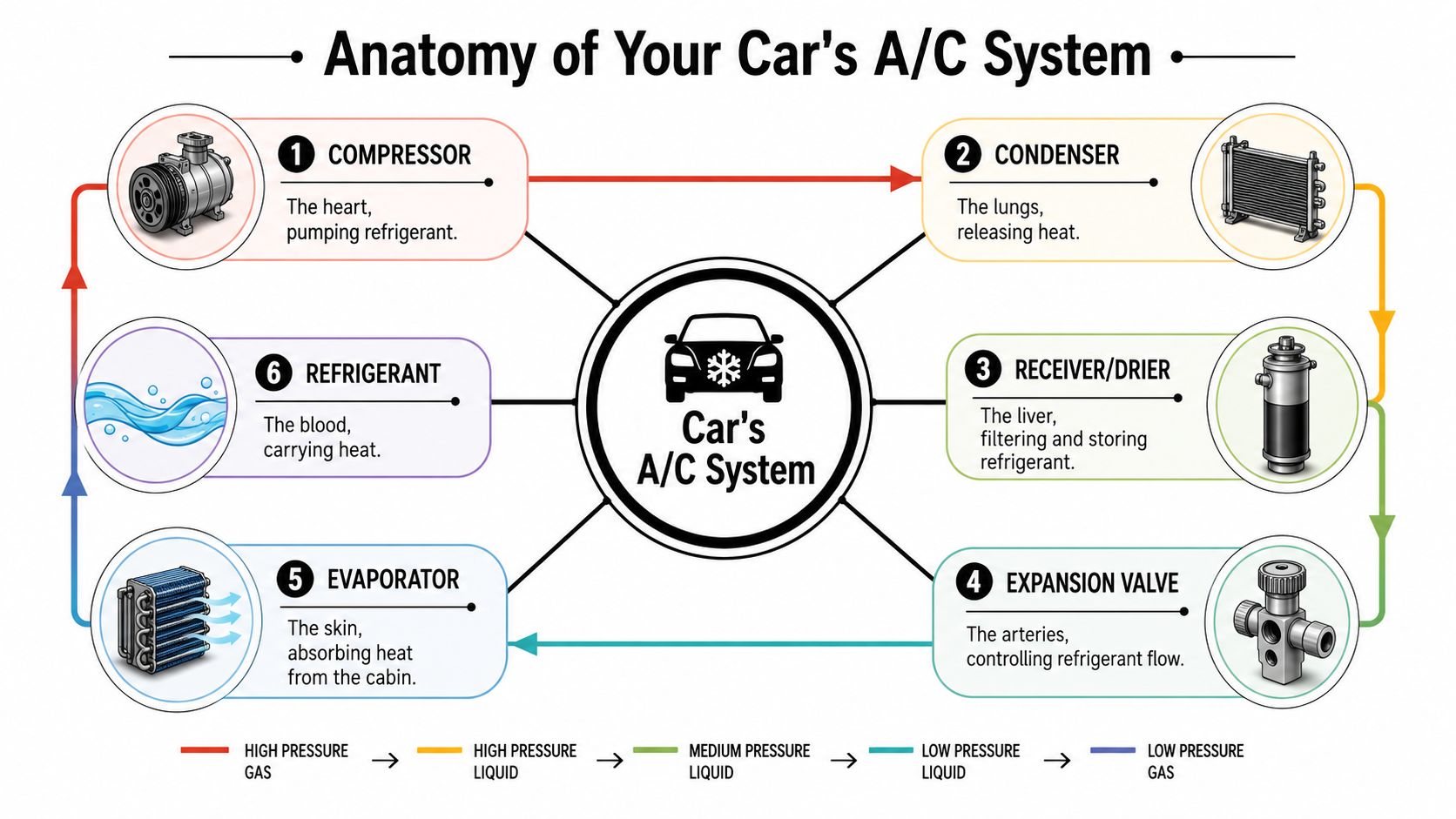 A diagram illustrating the anatomy of a car's A/C system with its six essential components labeled.