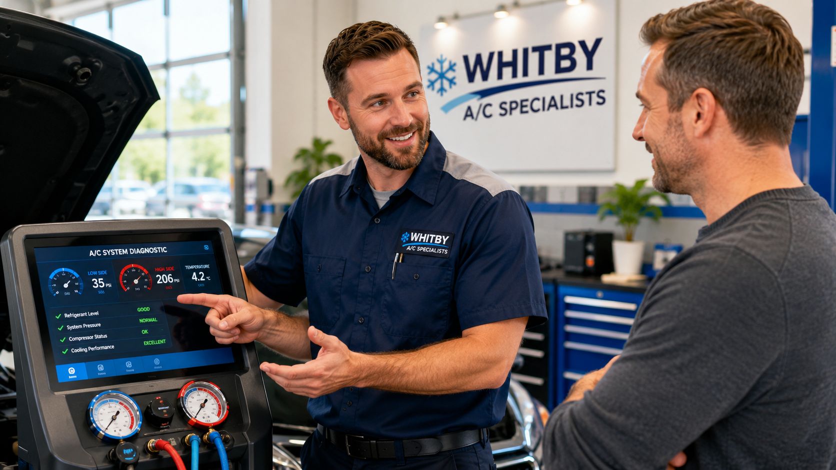 A professional mechanic explains car air conditioning diagnostic results to a customer in an auto repair shop.