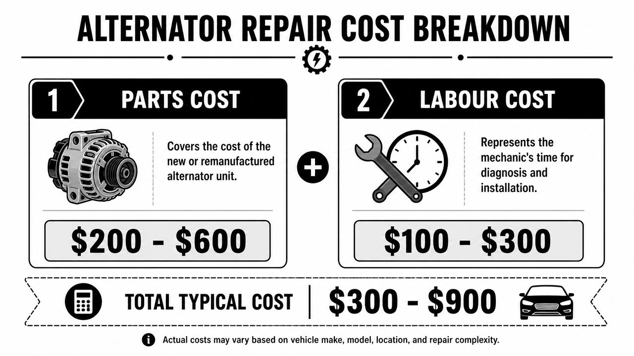 An infographic showing the typical parts and labor cost breakdown for professional alternator repair services.