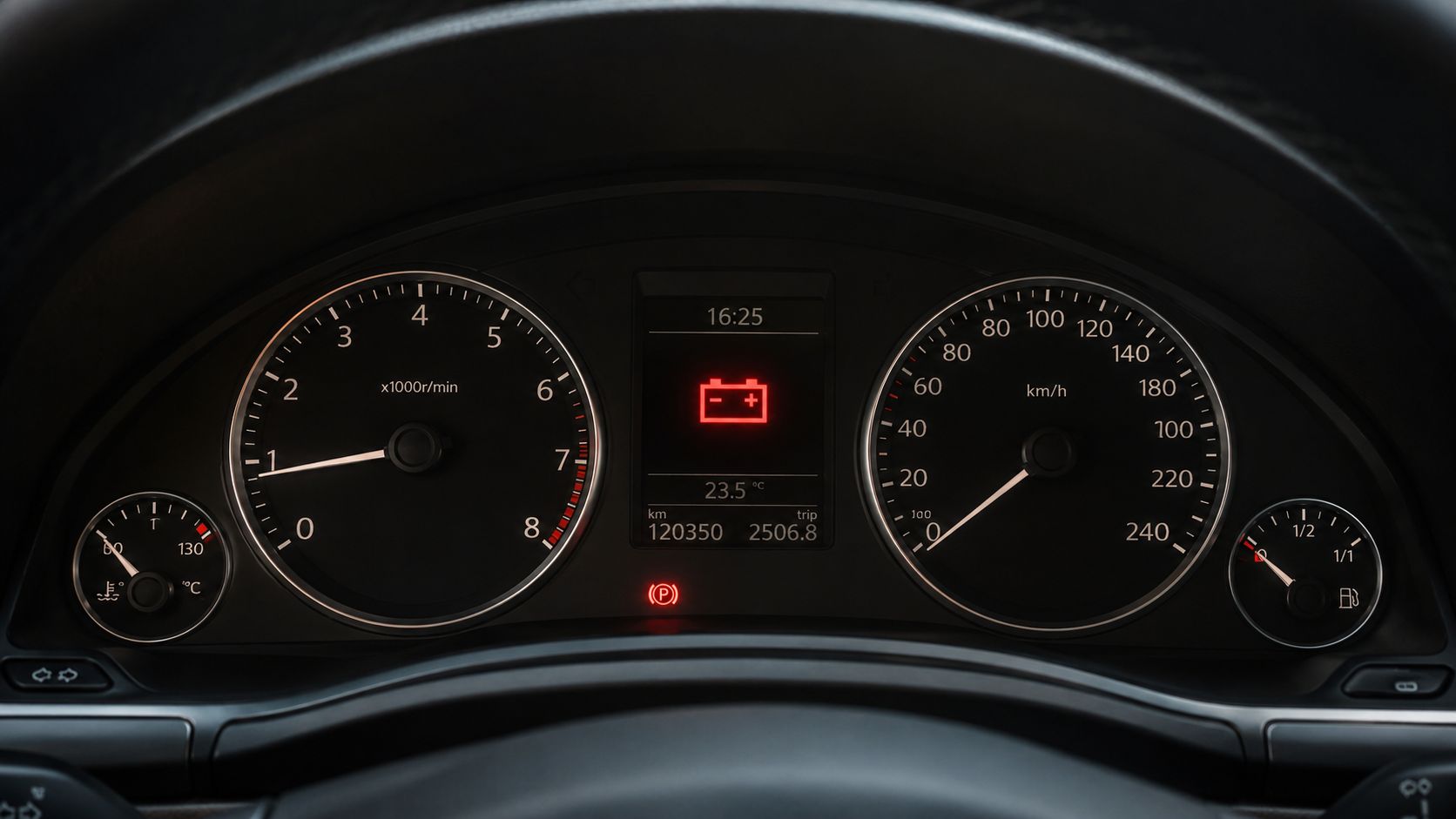 A car dashboard displaying a red battery warning light, indicating a potential charging system or alternator failure.