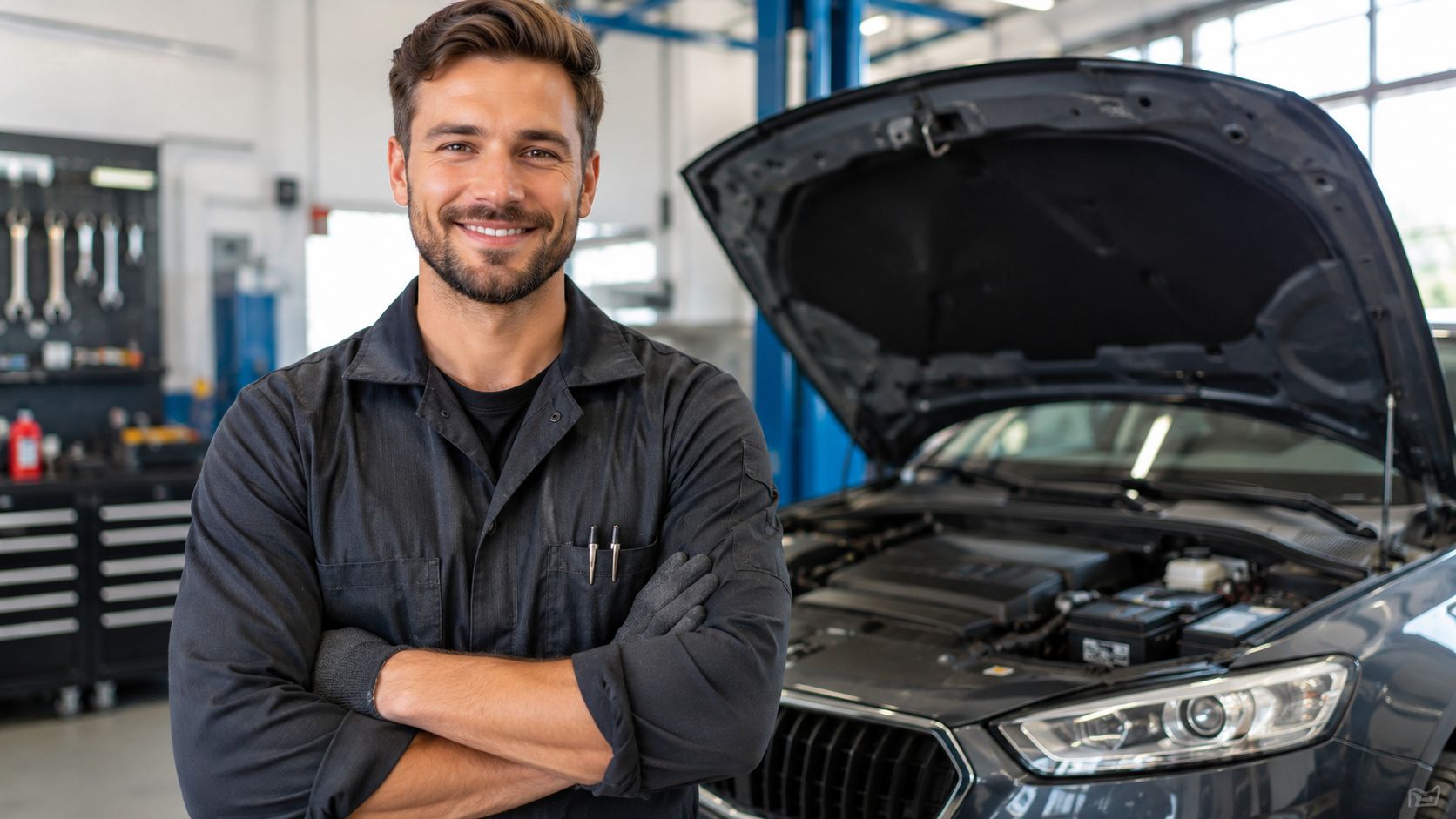 A friendly male mechanic smiling while standing with arms crossed in front of a car with an open hood.