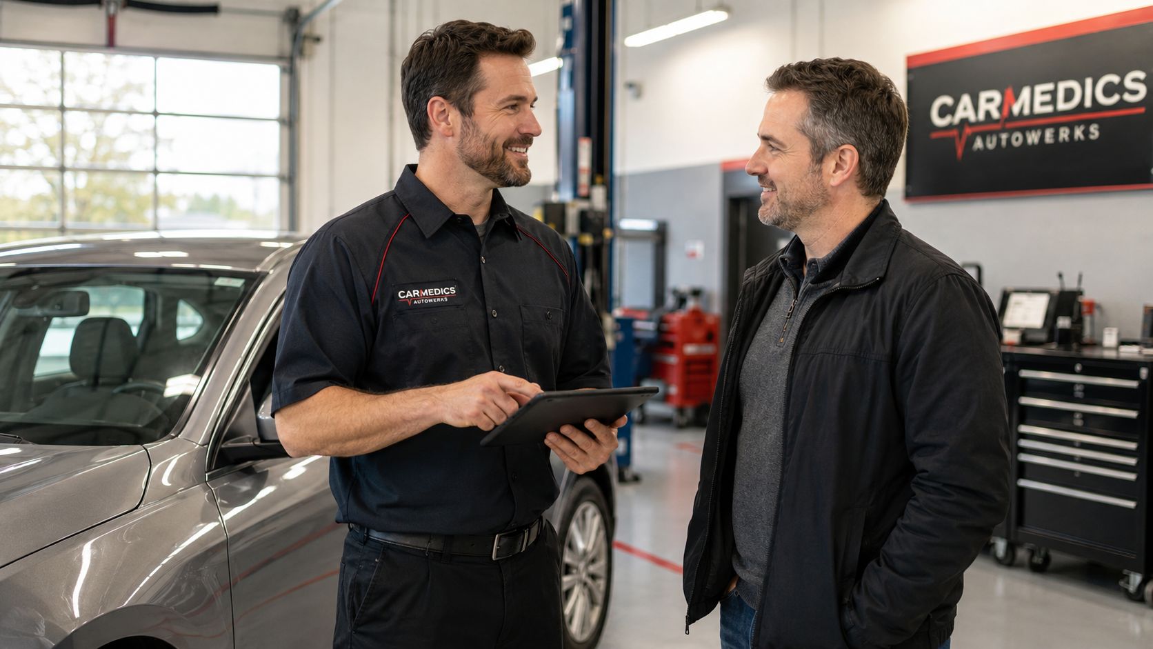 Auto Inspection Station: A Whitby Driver's Guide to Passing 4 A professional mechanic in a uniform discusses car repairs with a customer using a digital tablet.