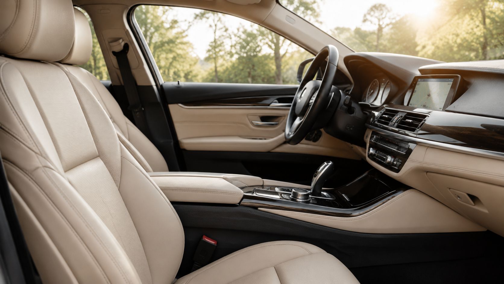 Luxurious beige leather interior of a modern car with a view of green trees through the window.