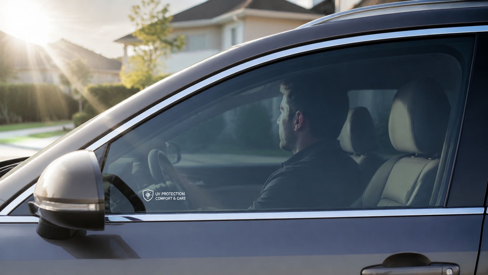 A man driving a car with tinted windows featuring a protective UV protection comfort and care label.