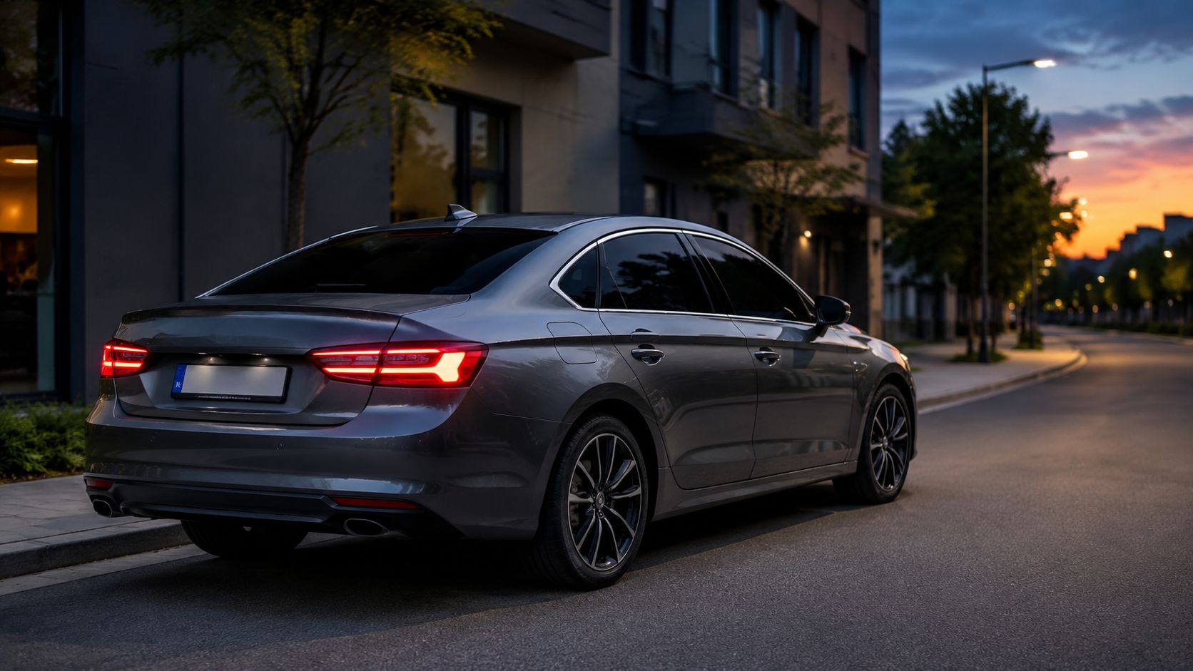 A sleek dark grey sedan parked on a city street at sunset, showcasing high-quality window tinting.