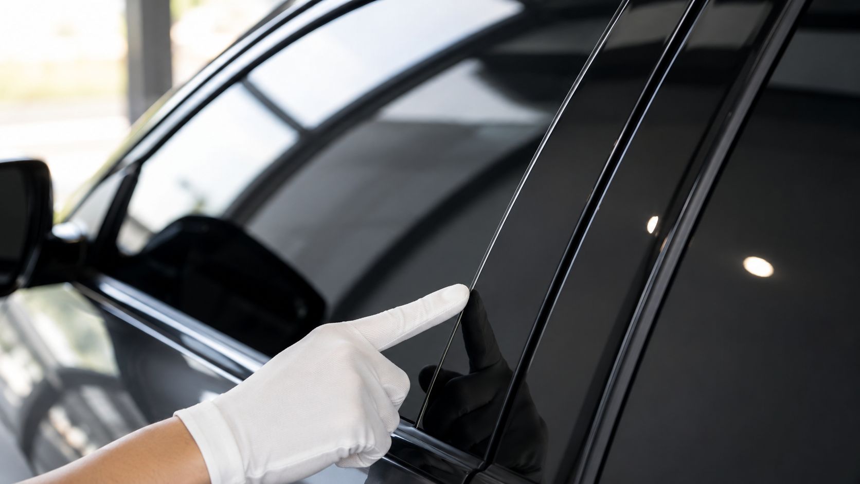 Best Car Window Tinting: An Ontario Driver's Guide 2026 2 A person wearing a white glove inspecting the quality of a car window tint job.