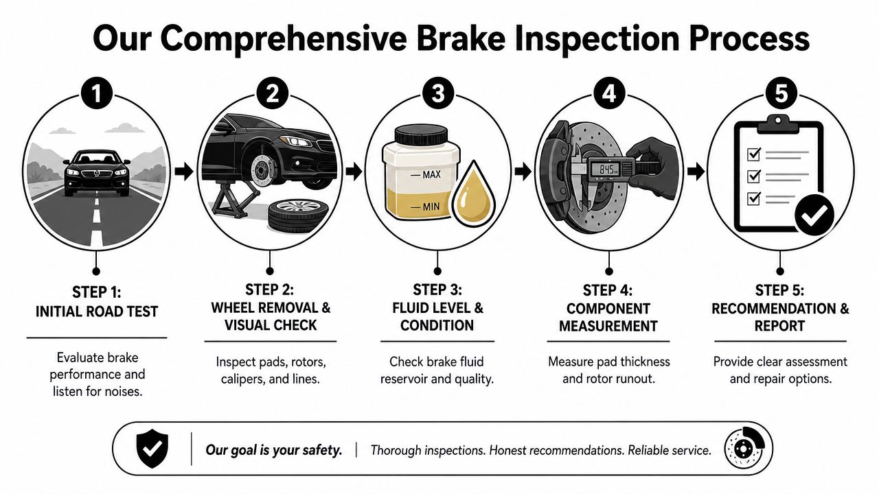 A five-step infographic showing the professional vehicle brake inspection process performed by certified technicians for safety.
