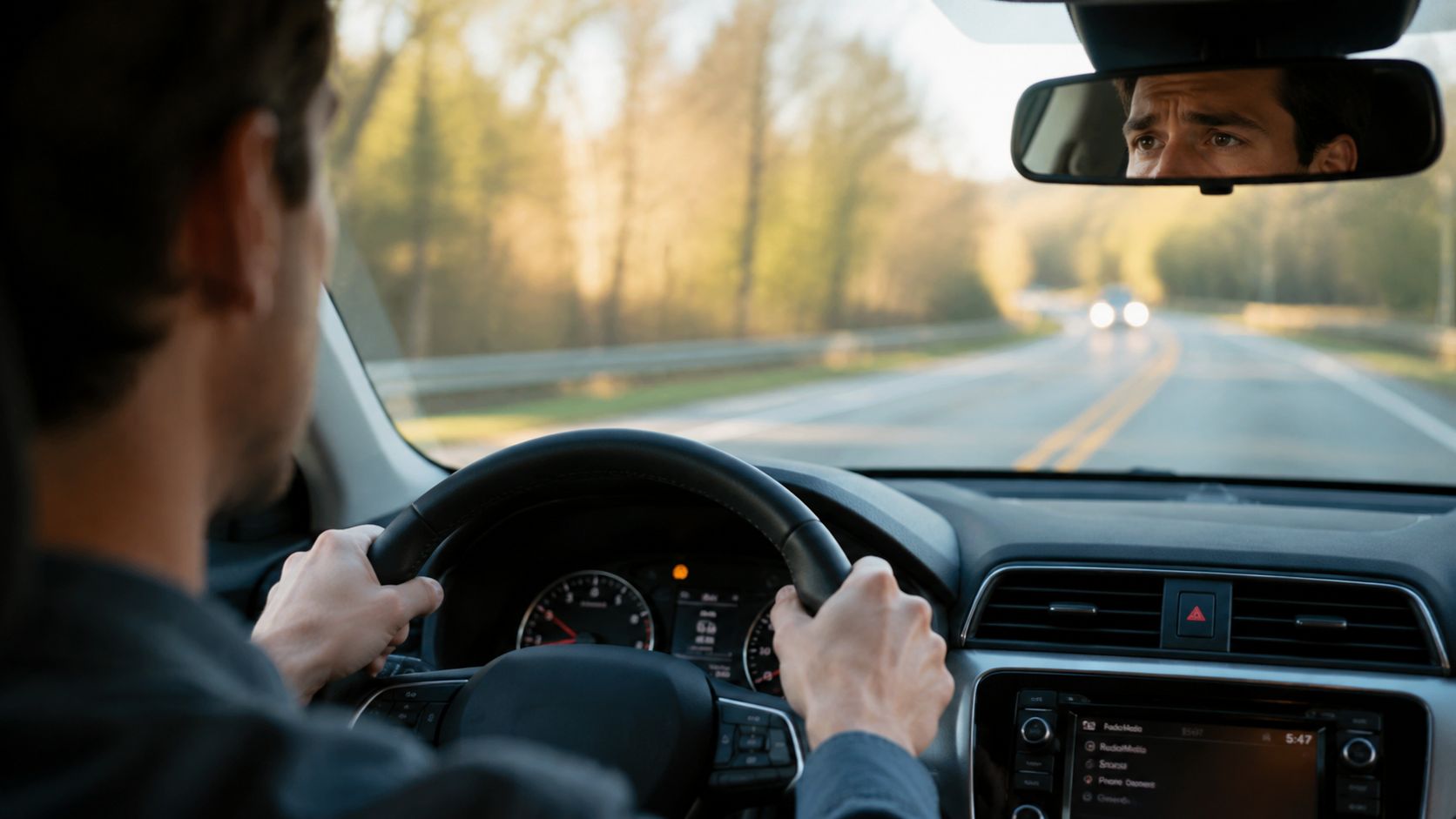 A man driving a car on a road, seen from behind his steering wheel during the day.