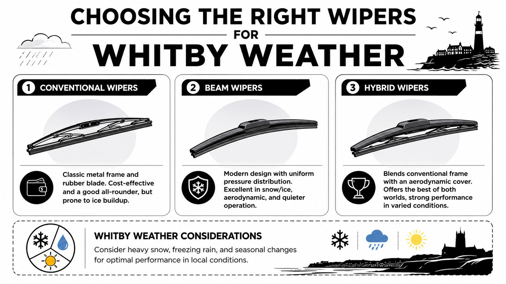 Car Wiper Near Me: A Whitby Driver's Guide for 2026 2 An infographic illustrating three types of car wipers: conventional, beam, and hybrid, for Whitby weather conditions.